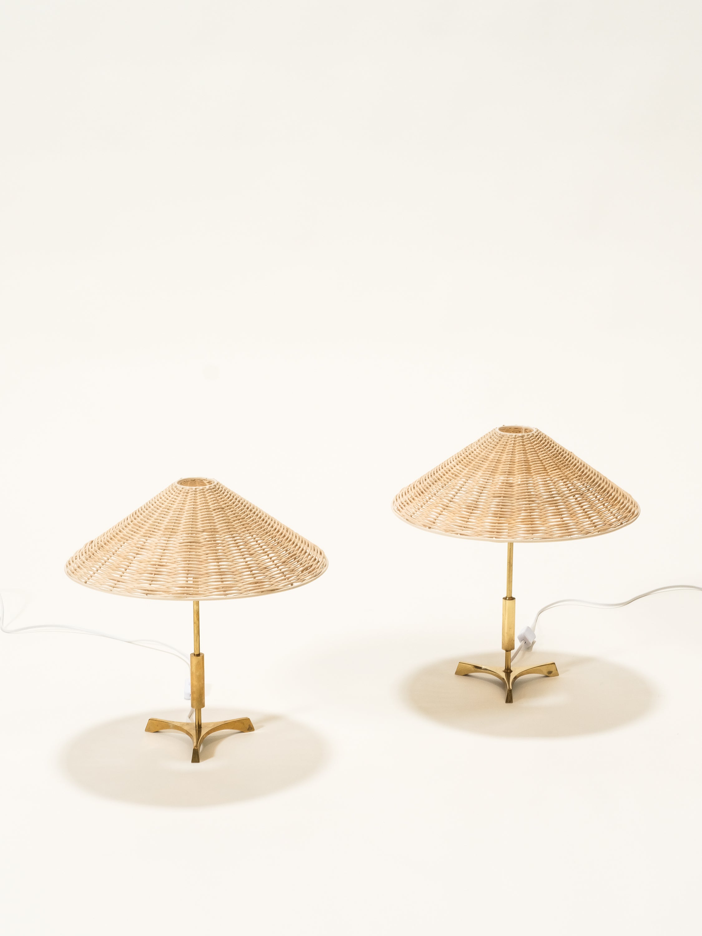 Pair of Mid-Century Swedish Brass Table Lamps with Rattan Shades