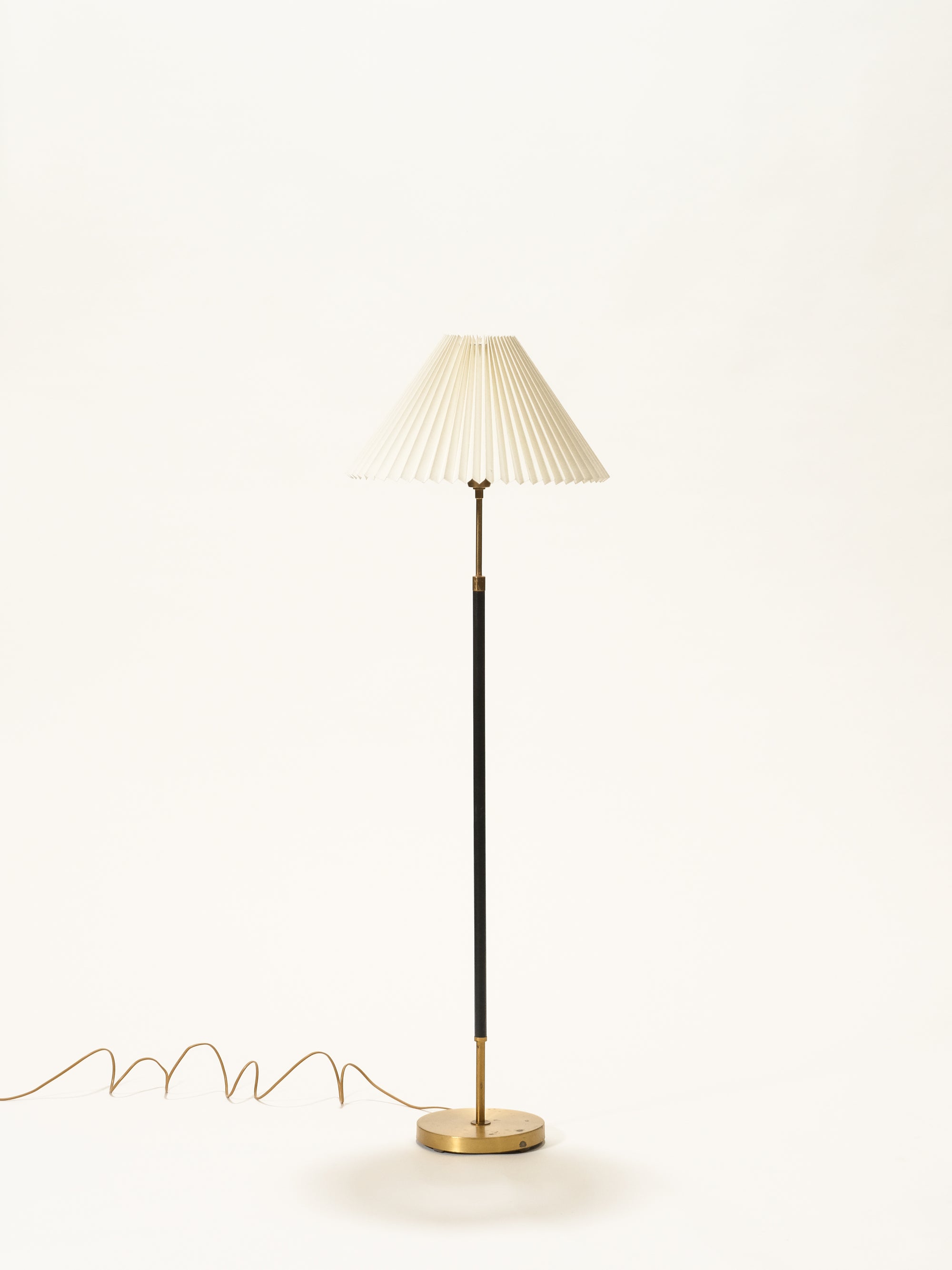 Swedish Mid-Century Brass &amp; Leather Floor Lamp with Pleated Shade