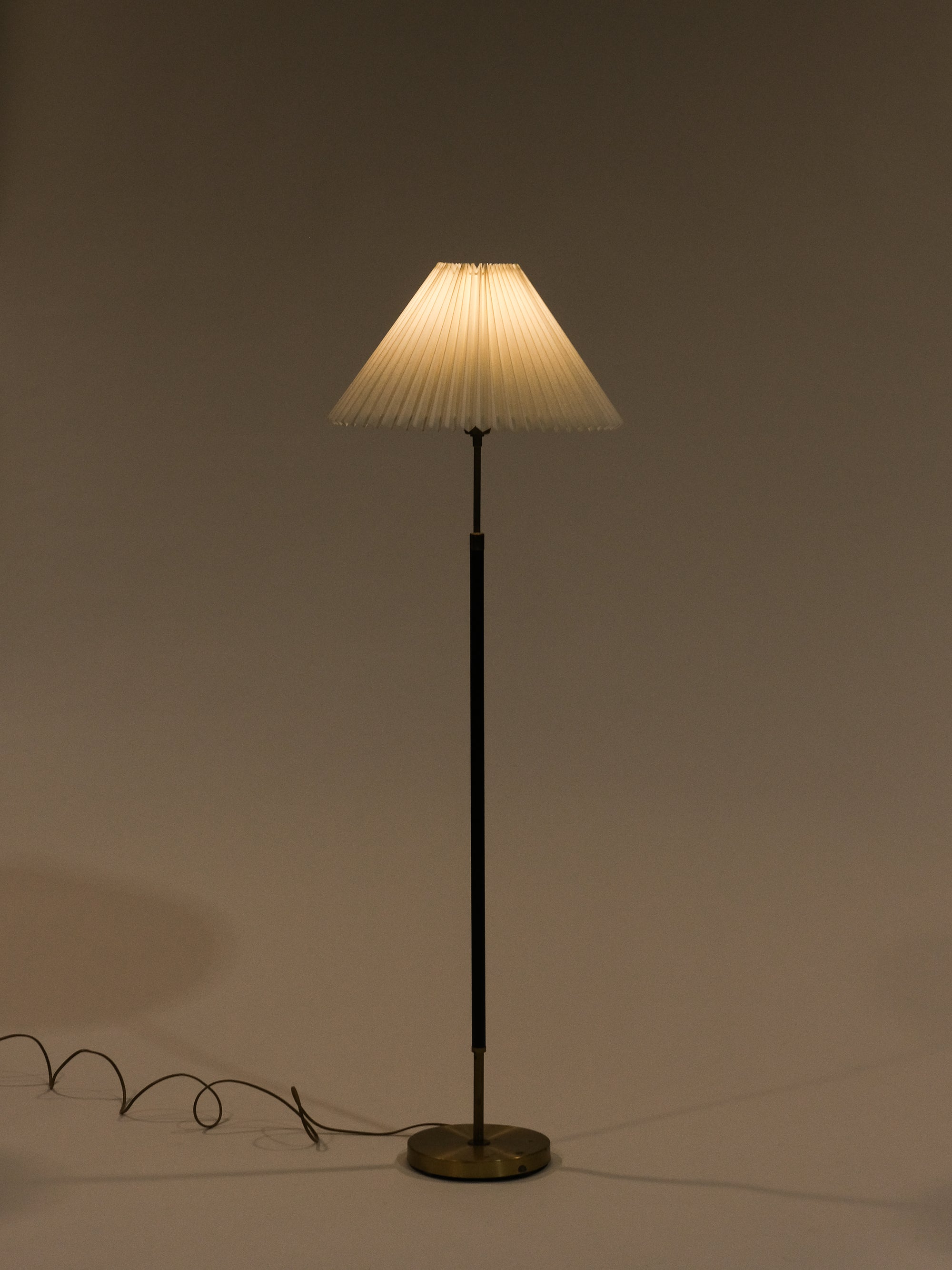 Swedish Mid-Century Brass &amp; Leather Floor Lamp with Pleated Shade
