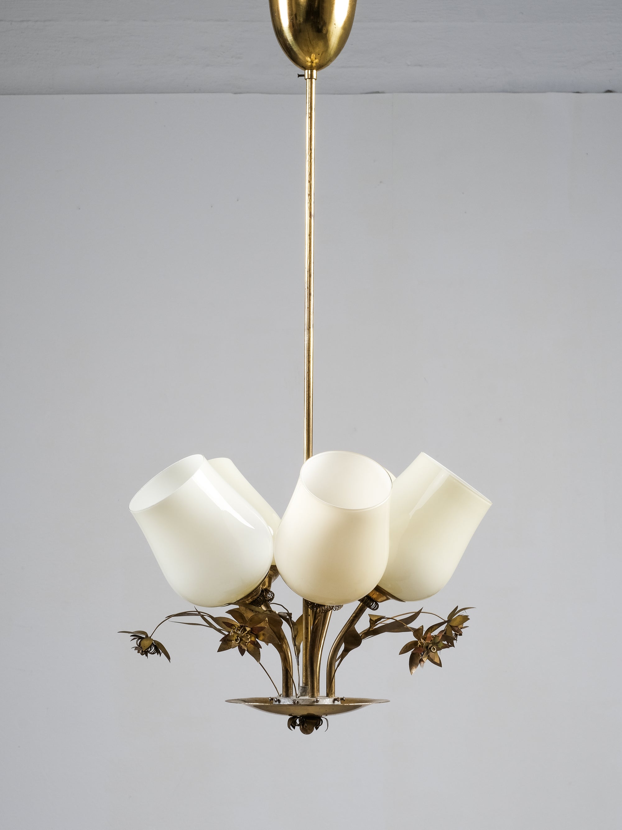 Model 501-5 Chandelier Lamp in Brass and Glass by Stockmann, Finland, 1950s