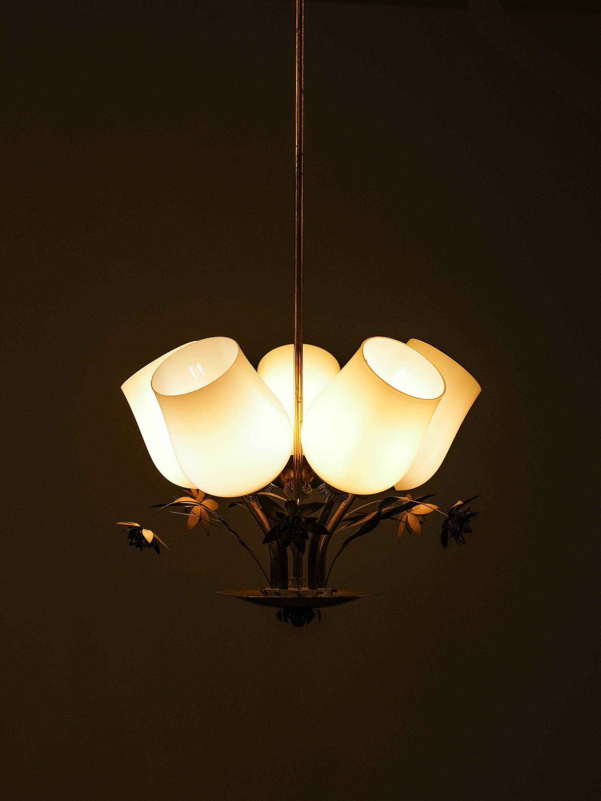 Model 501-5 Chandelier Lamp in Brass and Glass by Stockmann, Finland, 1950s