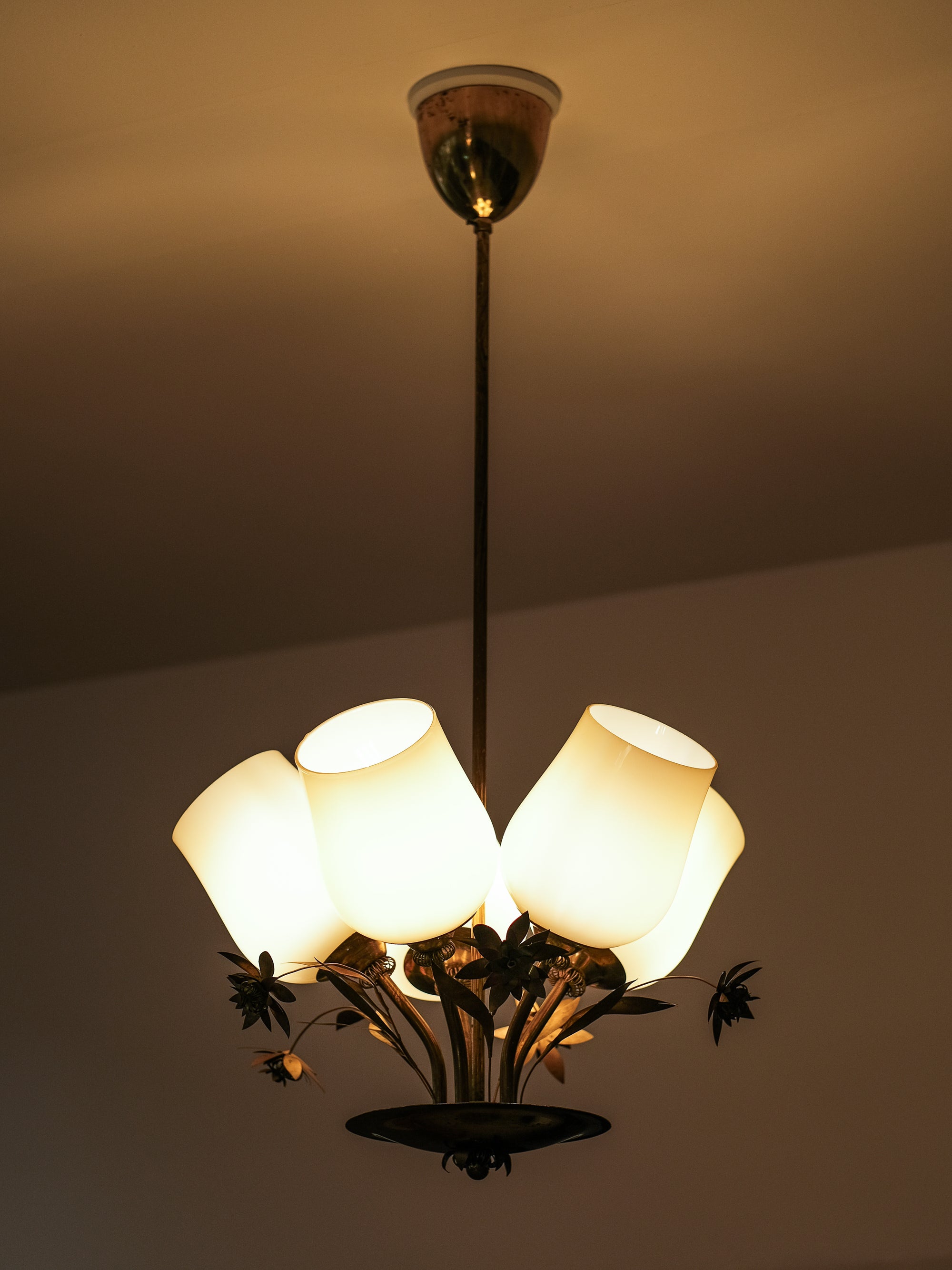 Model 501-5 Chandelier Lamp in Brass and Glass by Stockmann, Finland, 1950s