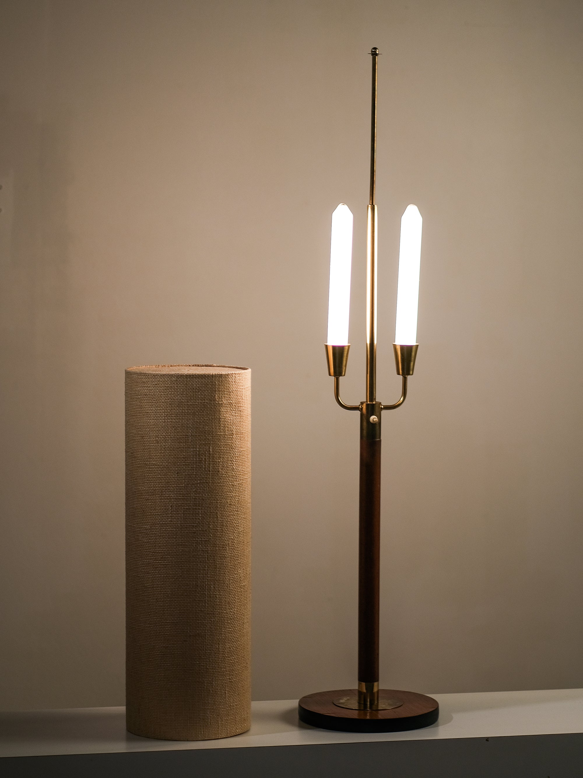 Rare Teak, Brass &amp; Jute Fabric Floor Lamp by Bertel Gardberg, Finland, 1960s