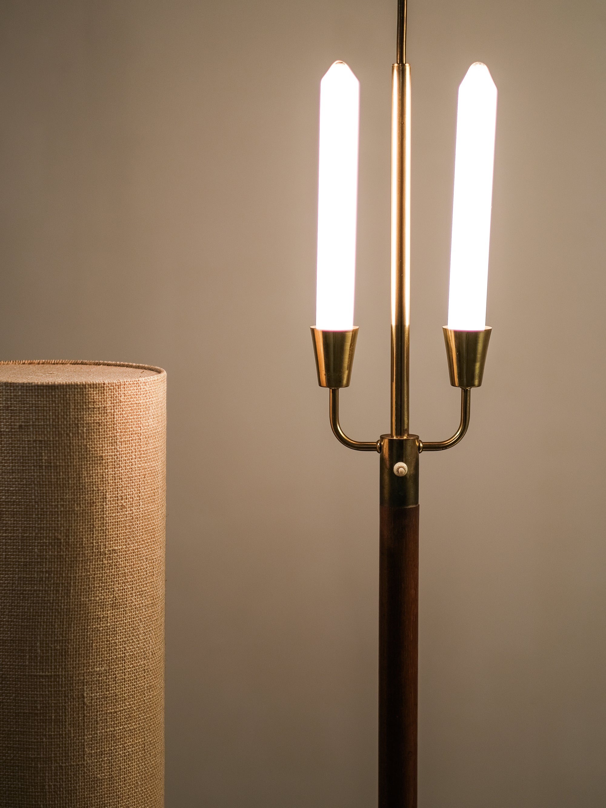 Rare Teak, Brass &amp; Jute Fabric Floor Lamp by Bertel Gardberg, Finland, 1960s