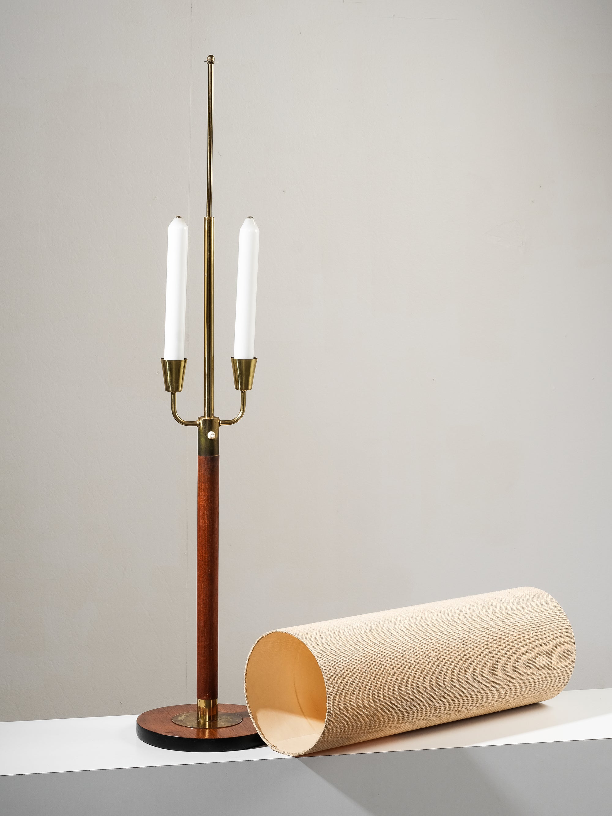 Rare Teak, Brass &amp; Jute Fabric Floor Lamp by Bertel Gardberg, Finland, 1960s