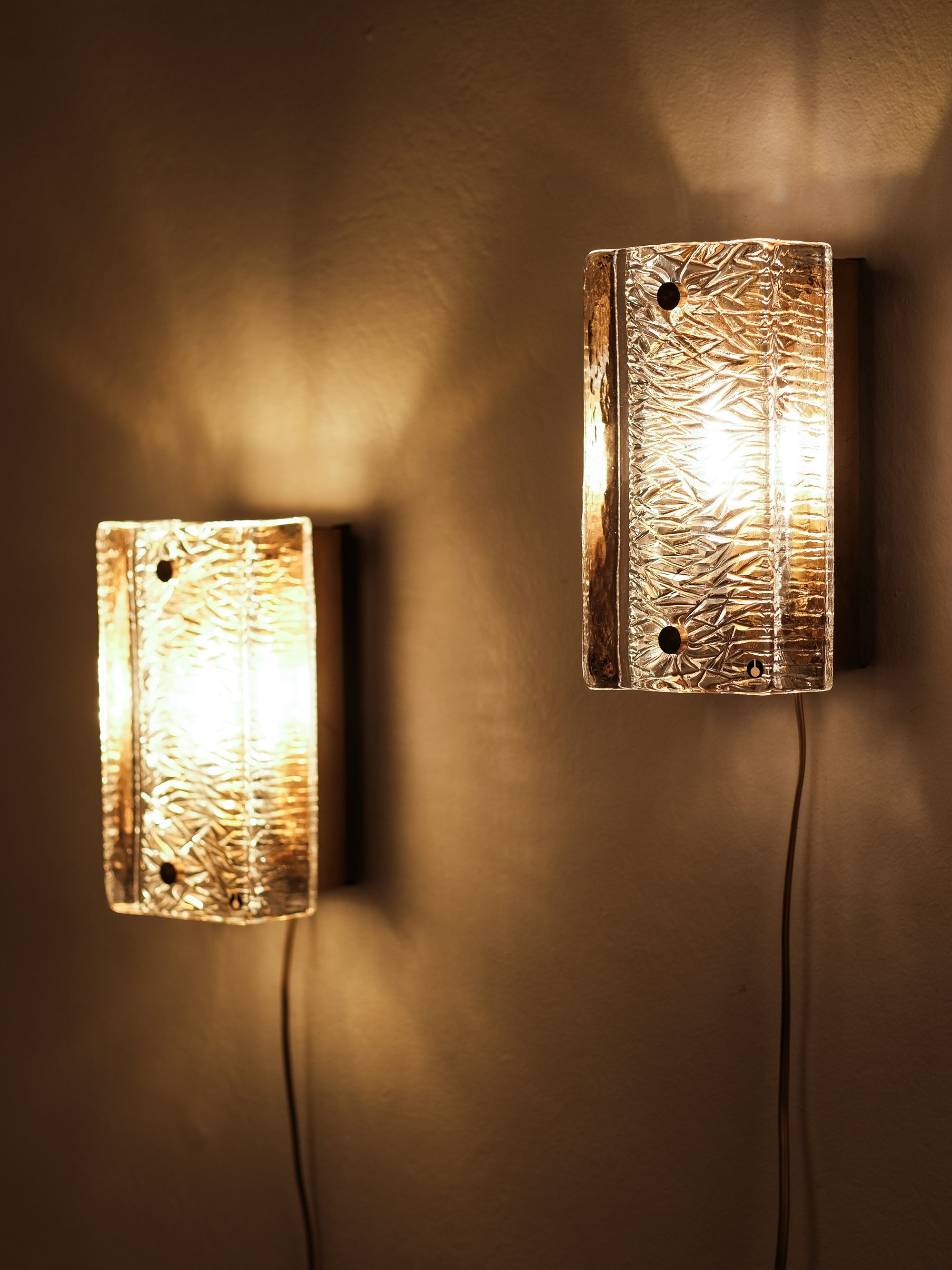 Pair of Pukeberg Brass and Crystal Glass Wall Sconces, Sweden, 1970s
