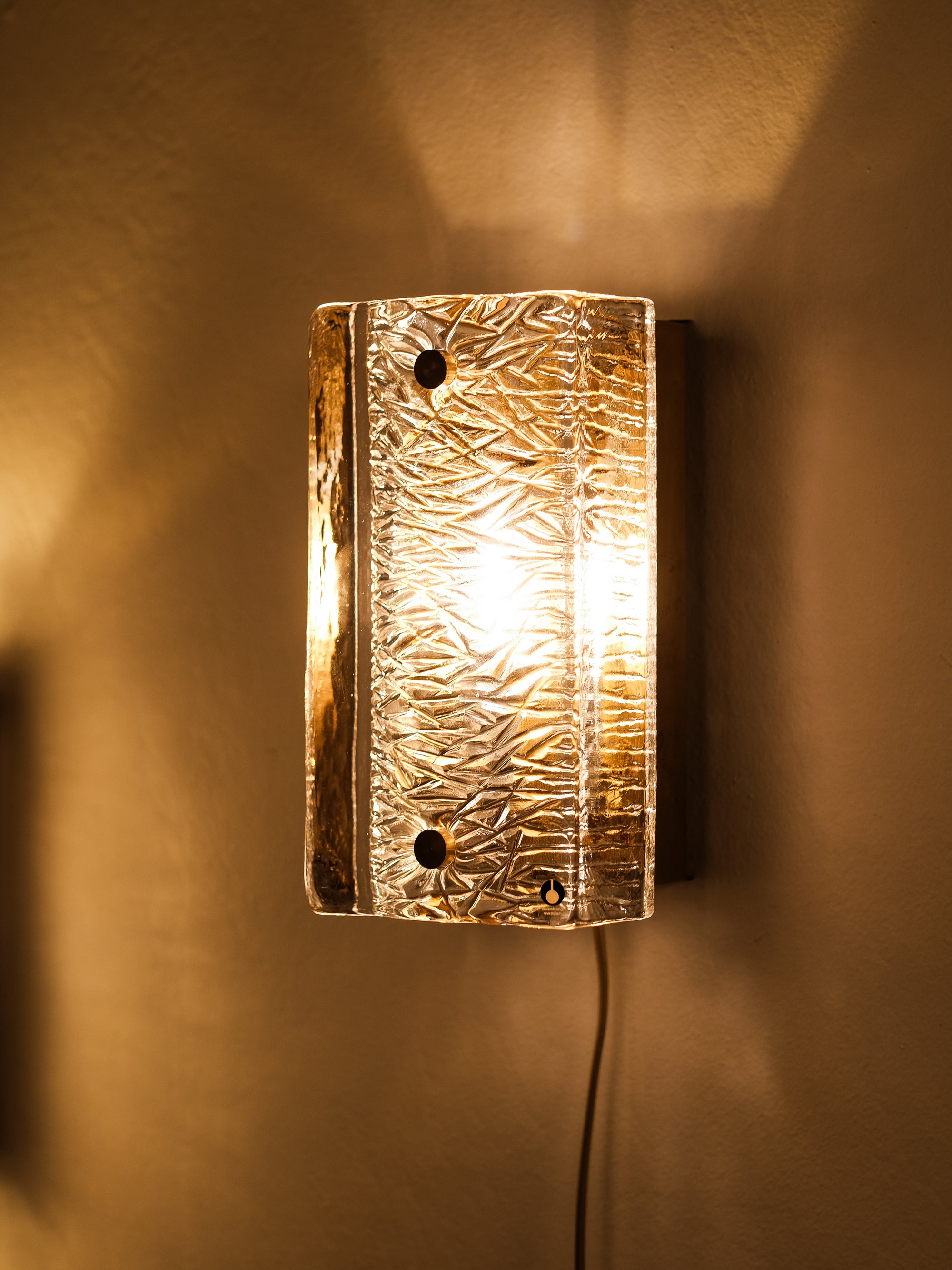 Pair of Pukeberg Brass and Crystal Glass Wall Sconces, Sweden, 1970s