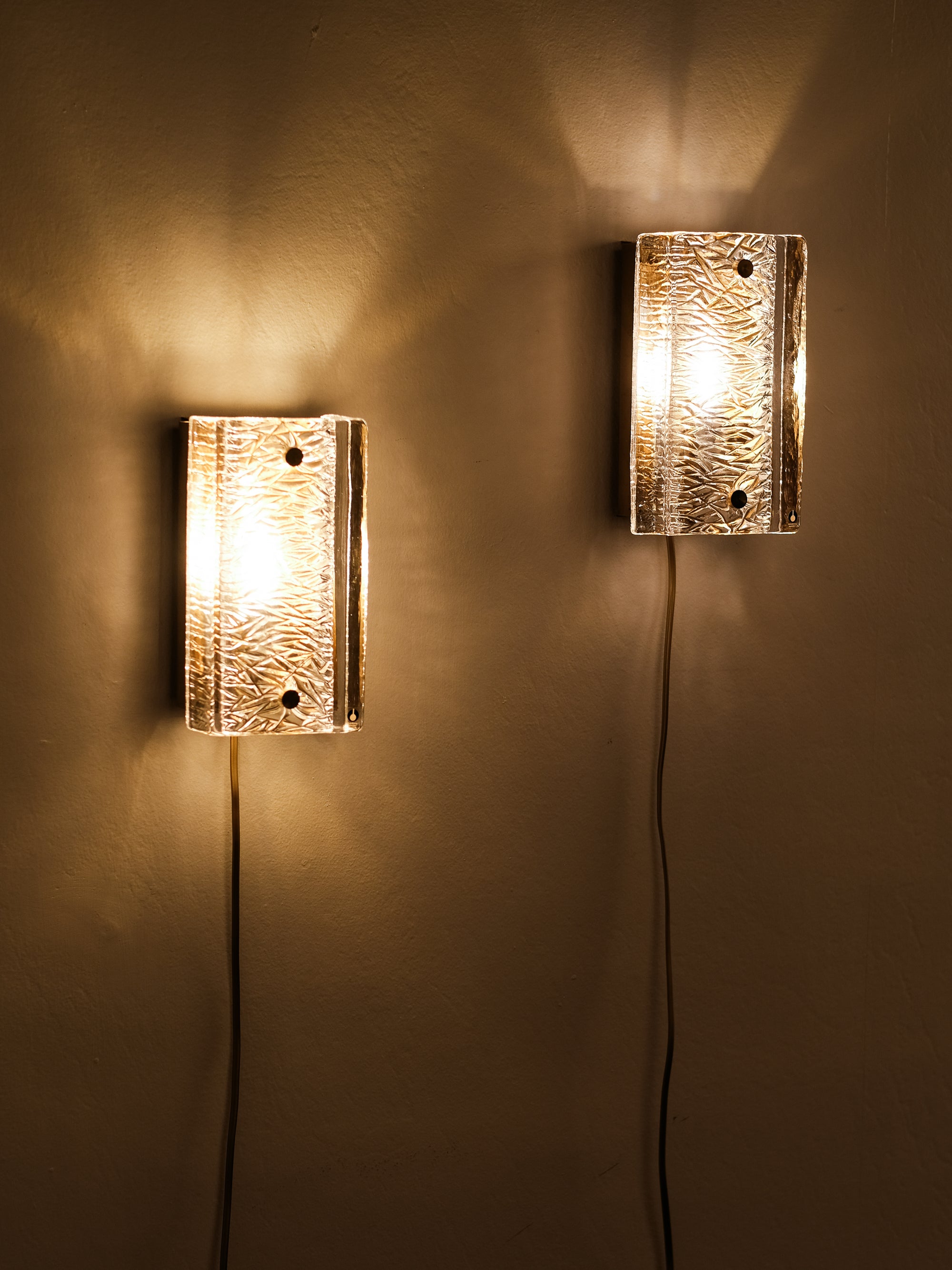 Pair of Pukeberg Brass and Crystal Glass Wall Sconces, Sweden, 1970s