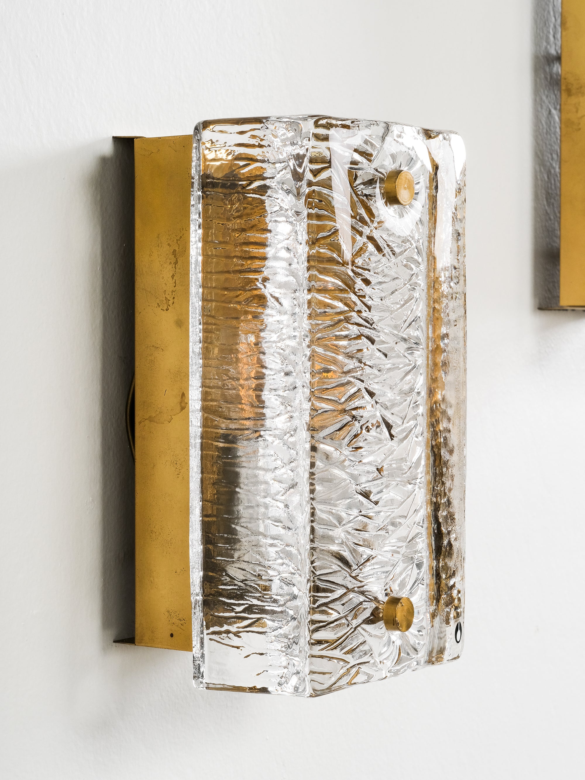 Pair of Pukeberg Brass and Crystal Glass Wall Sconces, Sweden, 1970s