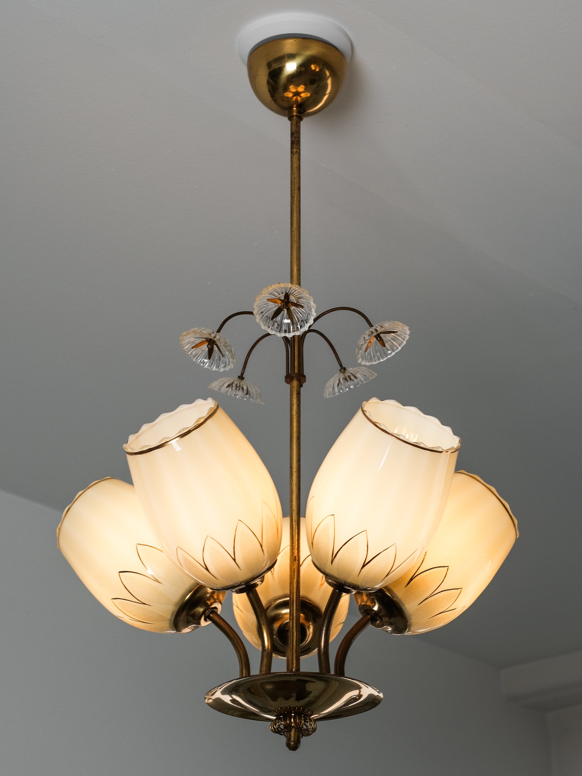 Finnish Brass and Glass Chandelier Model 510-5 by Stockmann Orno, 1950s