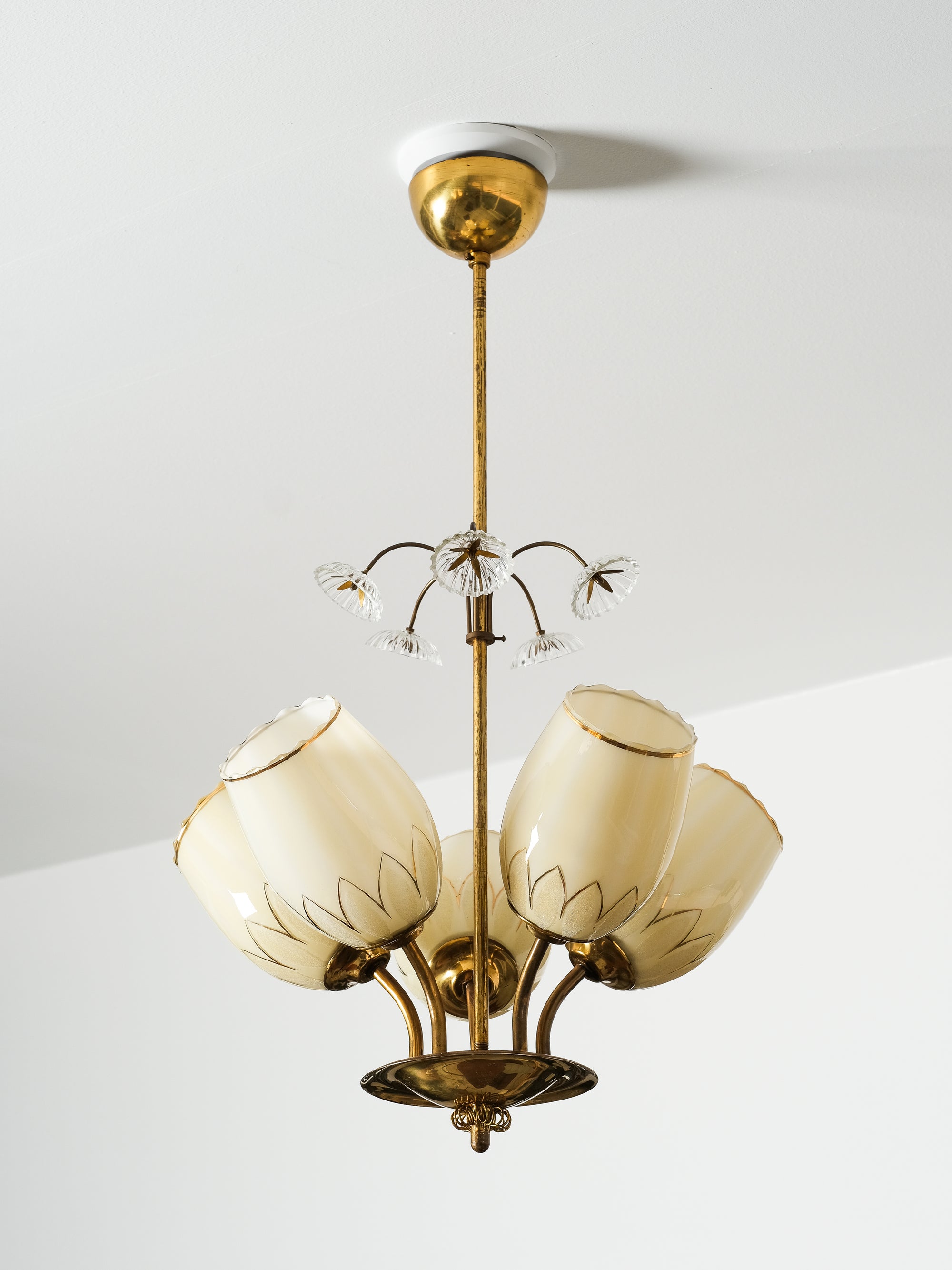 Finnish Brass and Glass Chandelier Model 510-5 by Stockmann Orno, 1950s