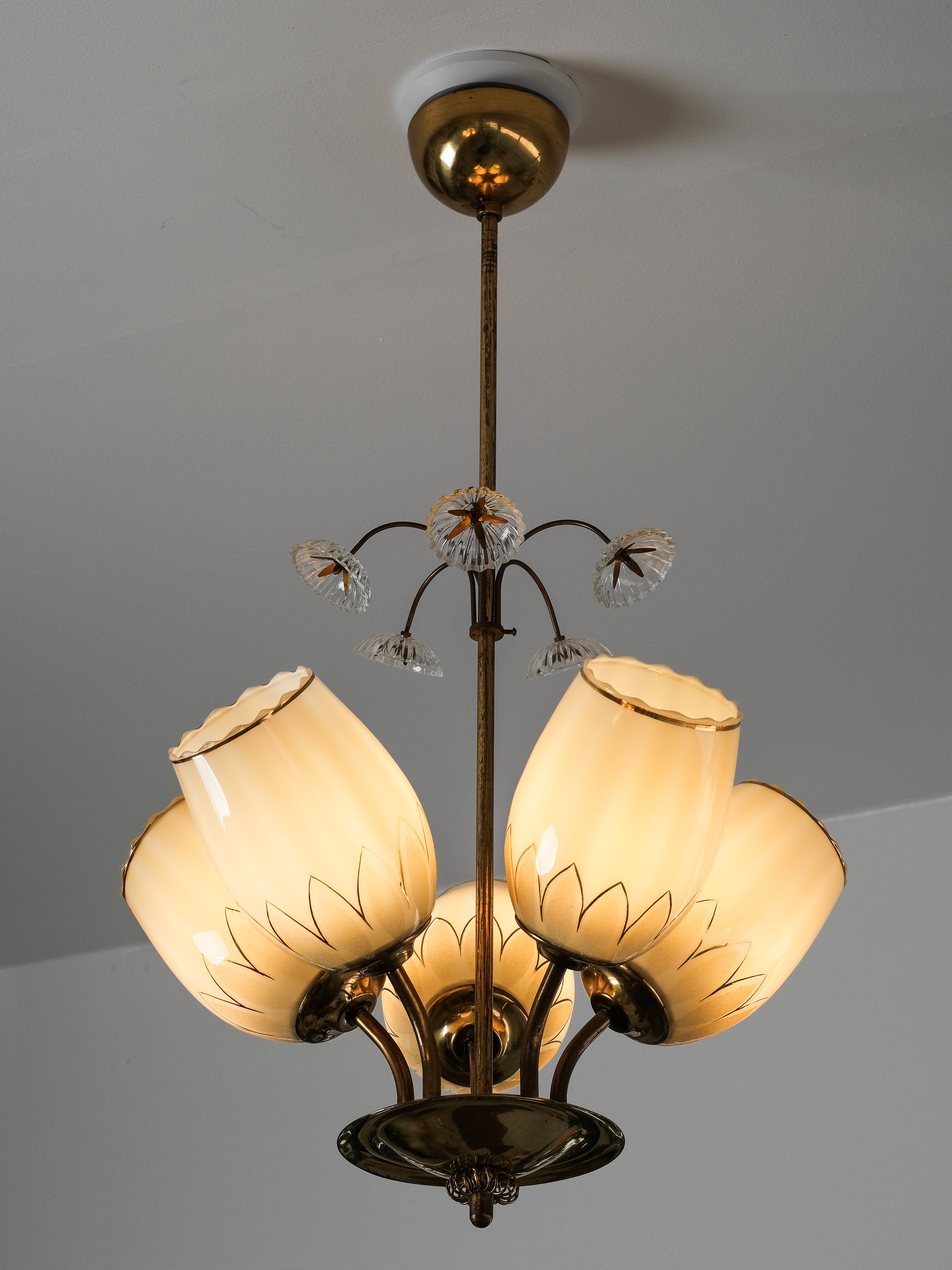 Finnish Brass and Glass Chandelier Model 510-5 by Stockmann Orno, 1950s