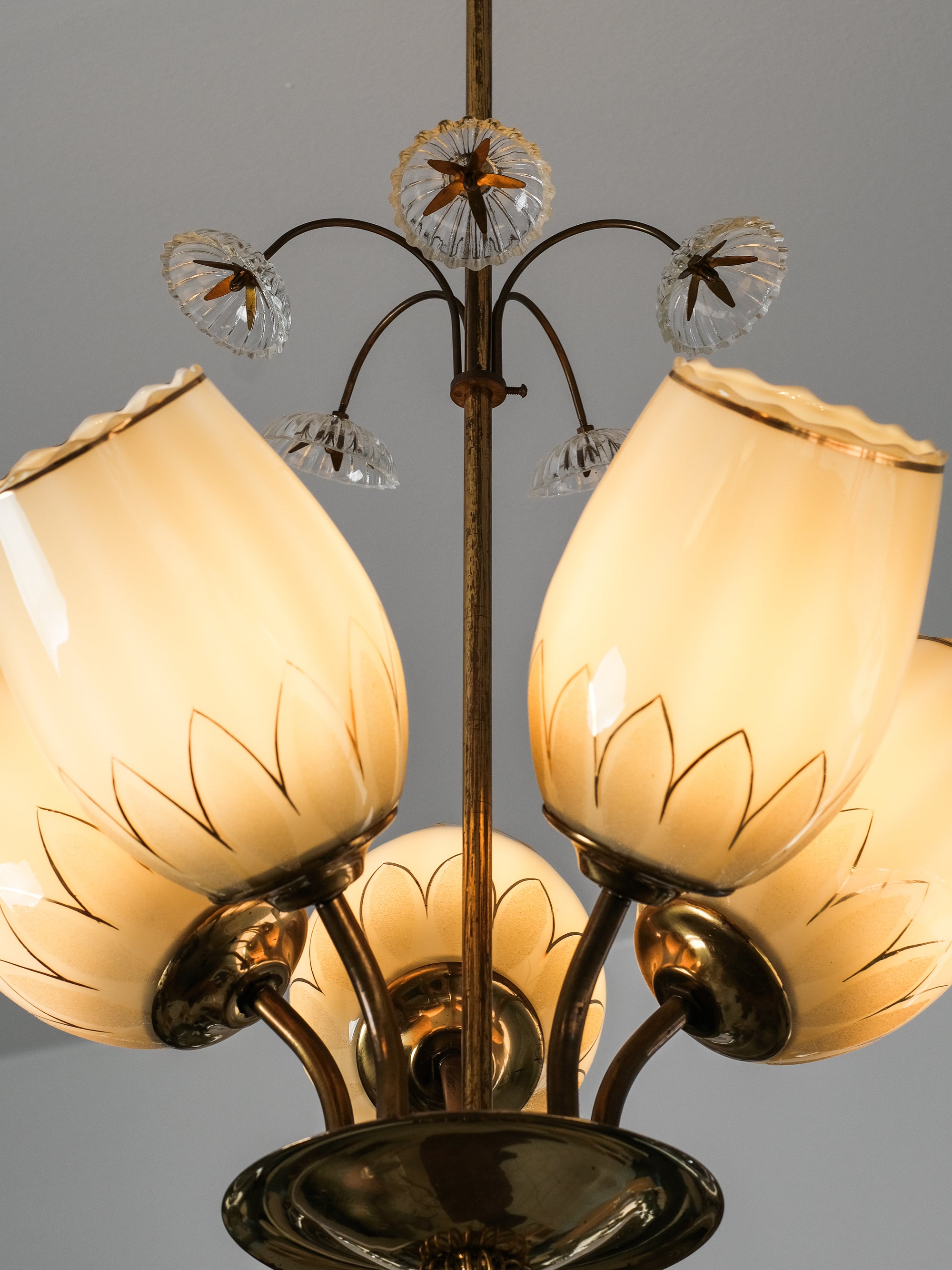 Finnish Brass and Glass Chandelier Model 510-5 by Stockmann Orno, 1950s