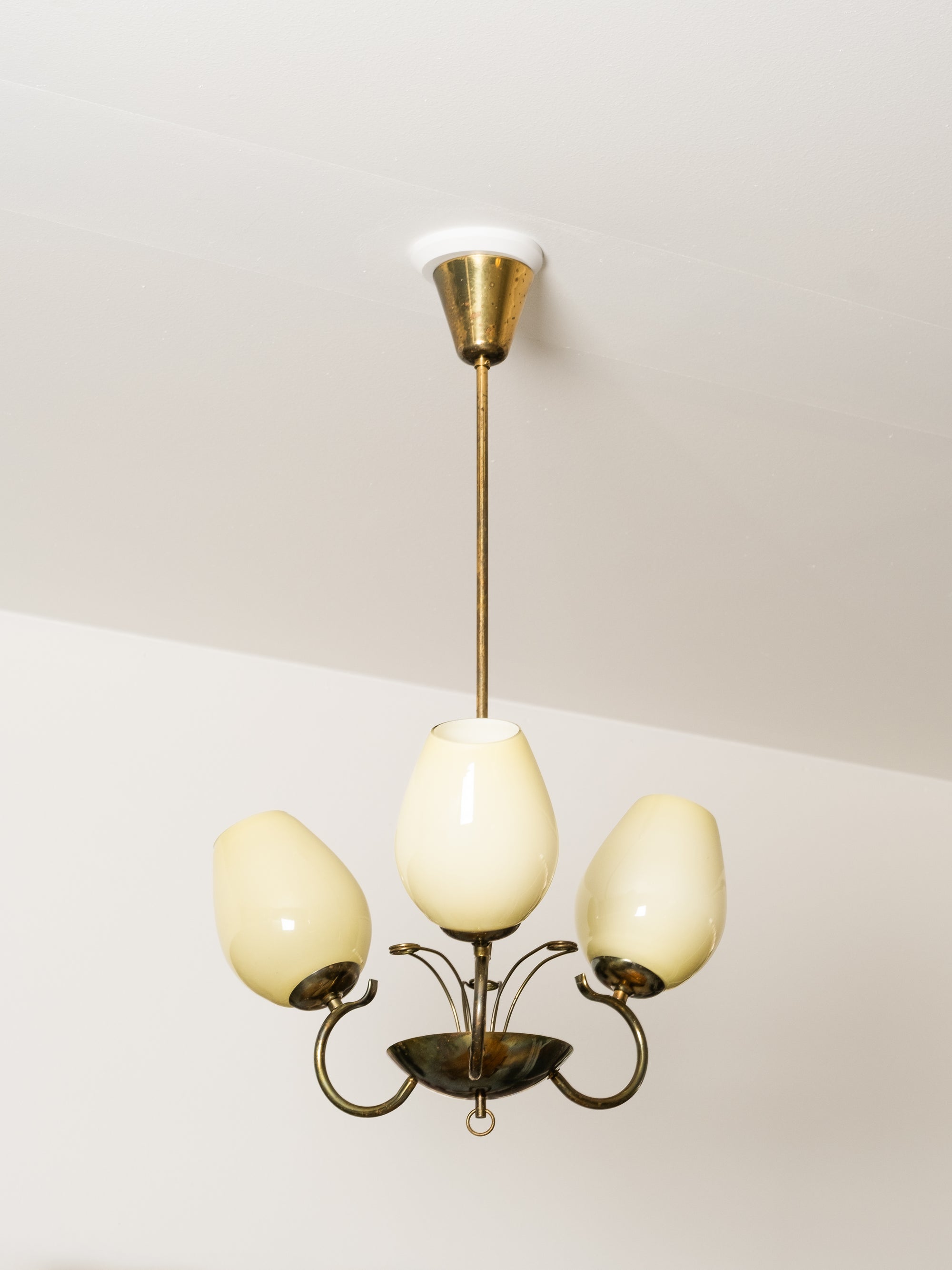 Opaline Glass and Brass Chandelier by Sievä, Finland, 1950s