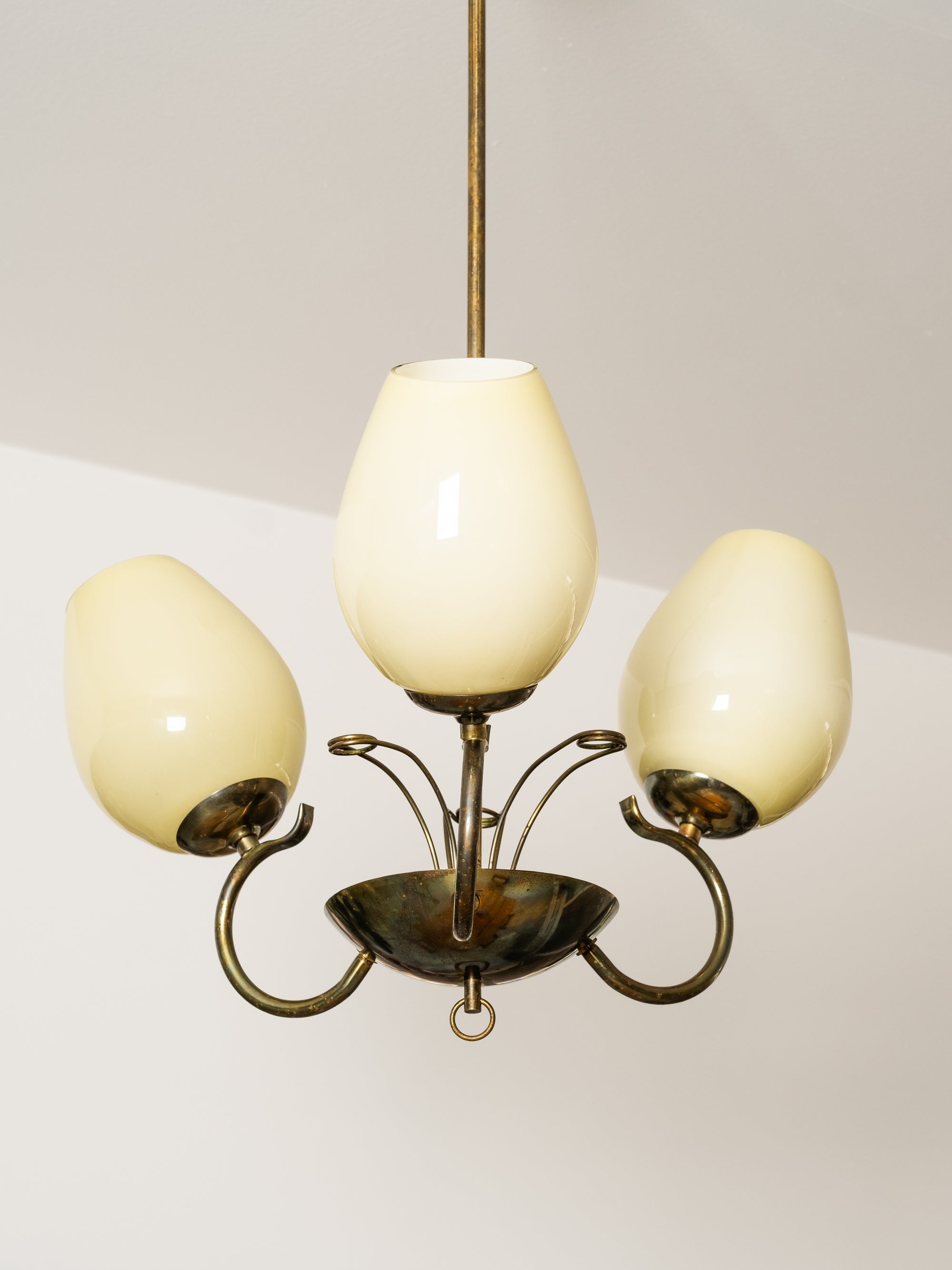 Opaline Glass and Brass Chandelier by Sievä, Finland, 1950s