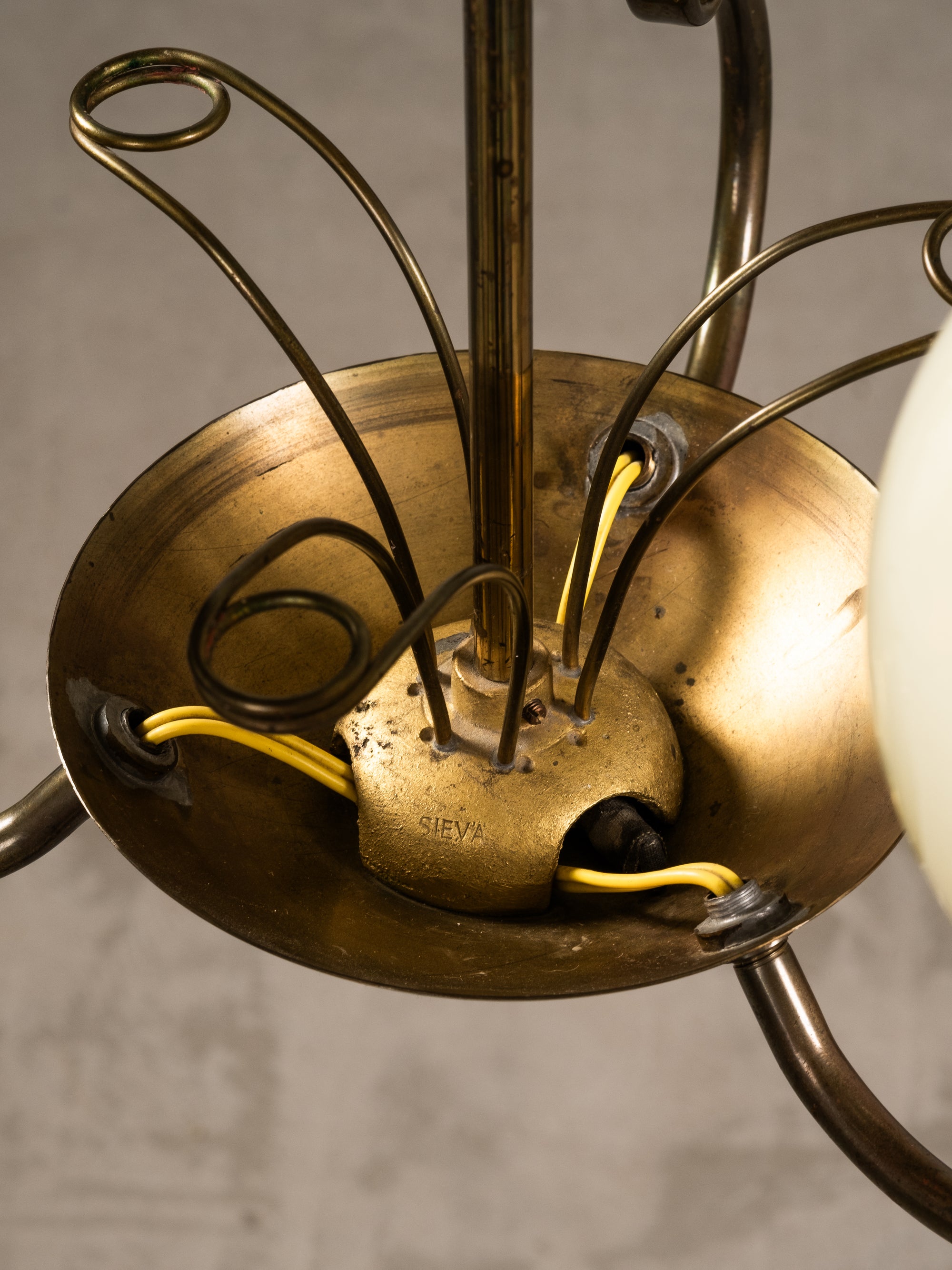 Opaline Glass and Brass Chandelier by Sievä, Finland, 1950s