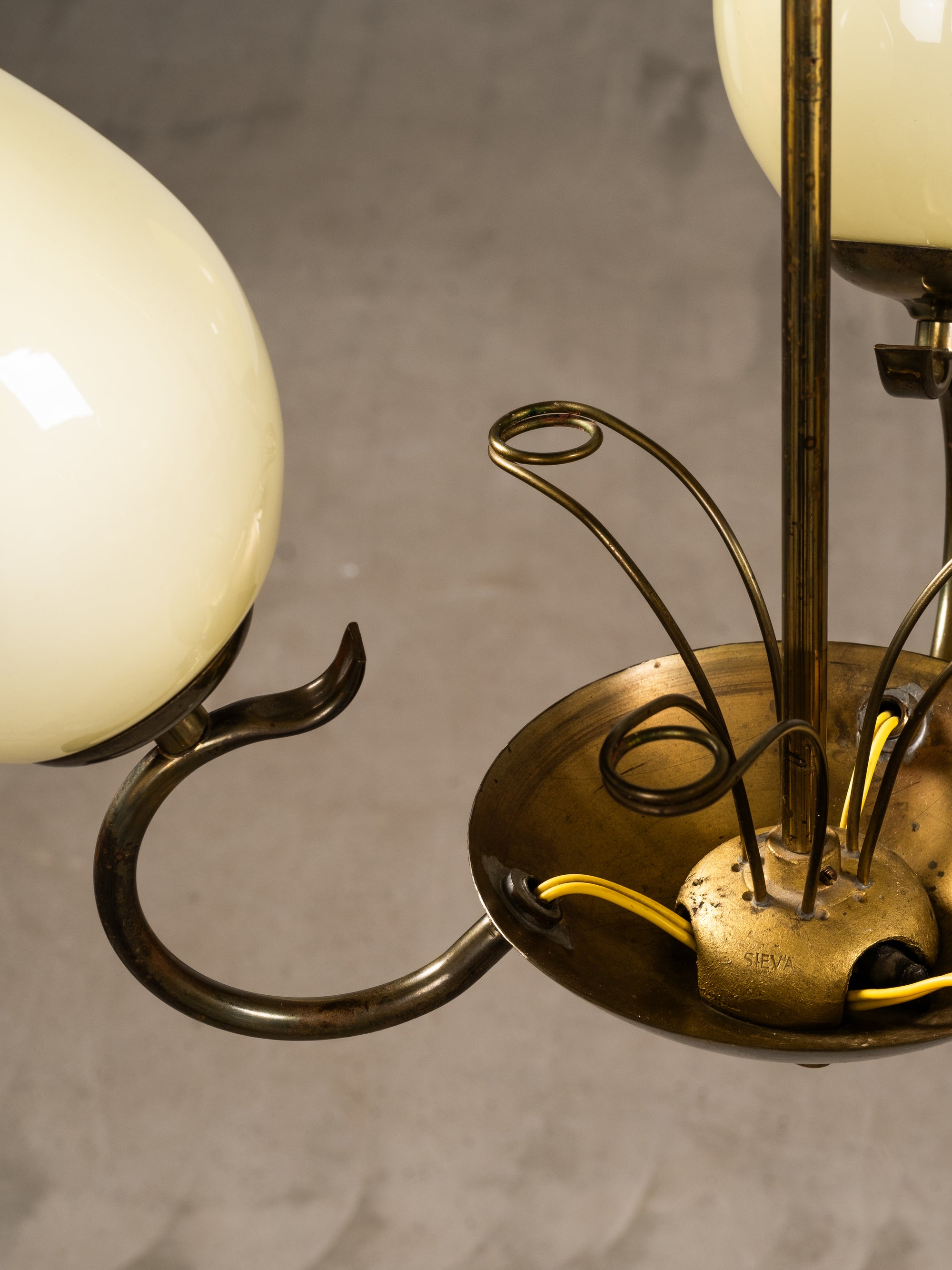 Opaline Glass and Brass Chandelier by Sievä, Finland, 1950s