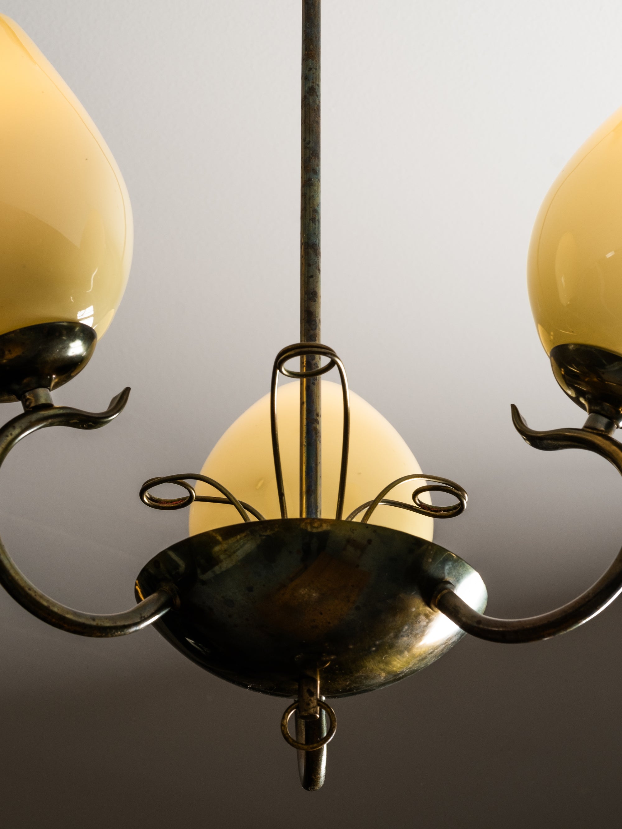 Opaline Glass and Brass Chandelier by Sievä, Finland, 1950s