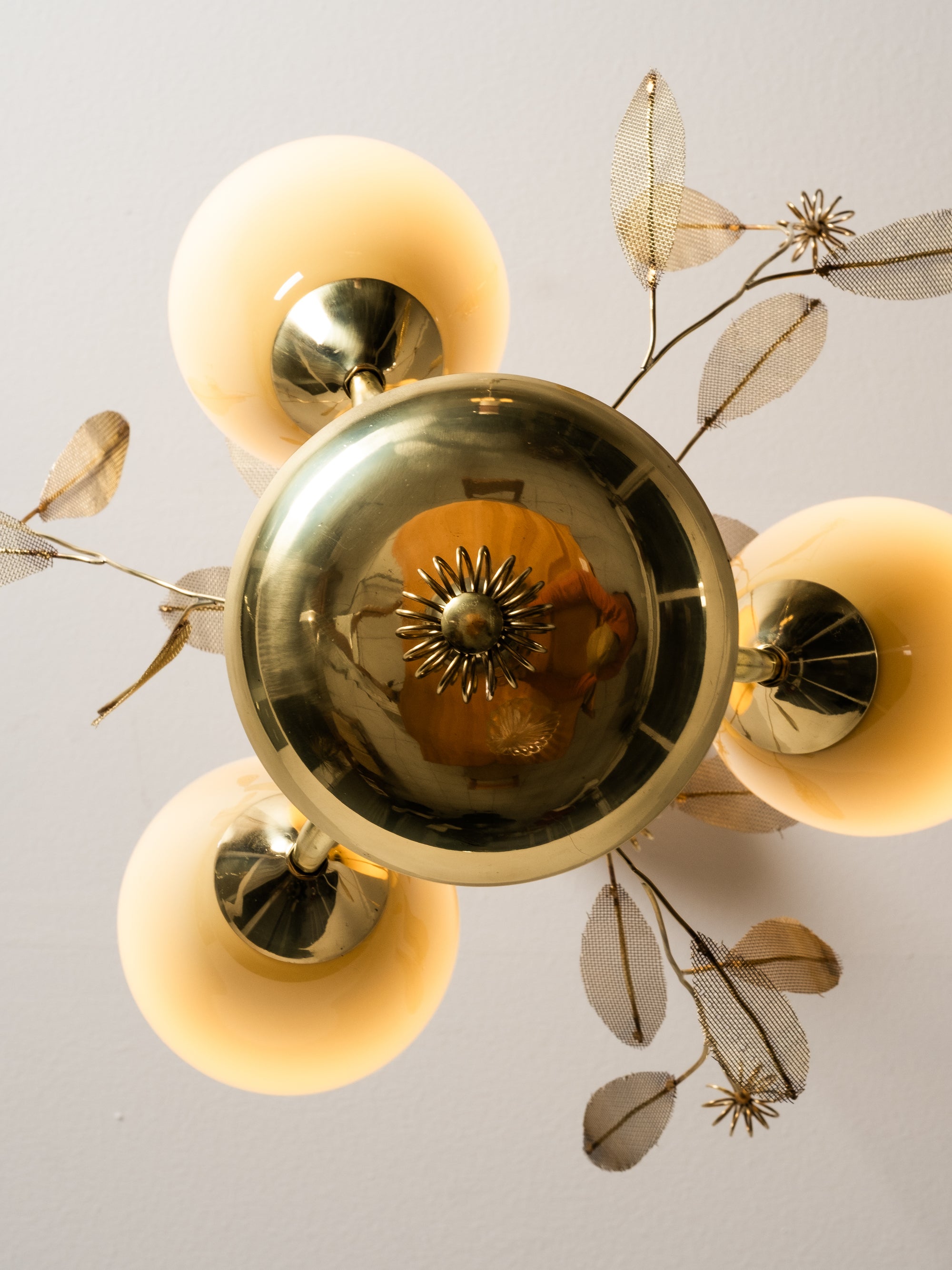 Brass and Glass Chandelier with Floral Details by Sievä, Finland, 1950s