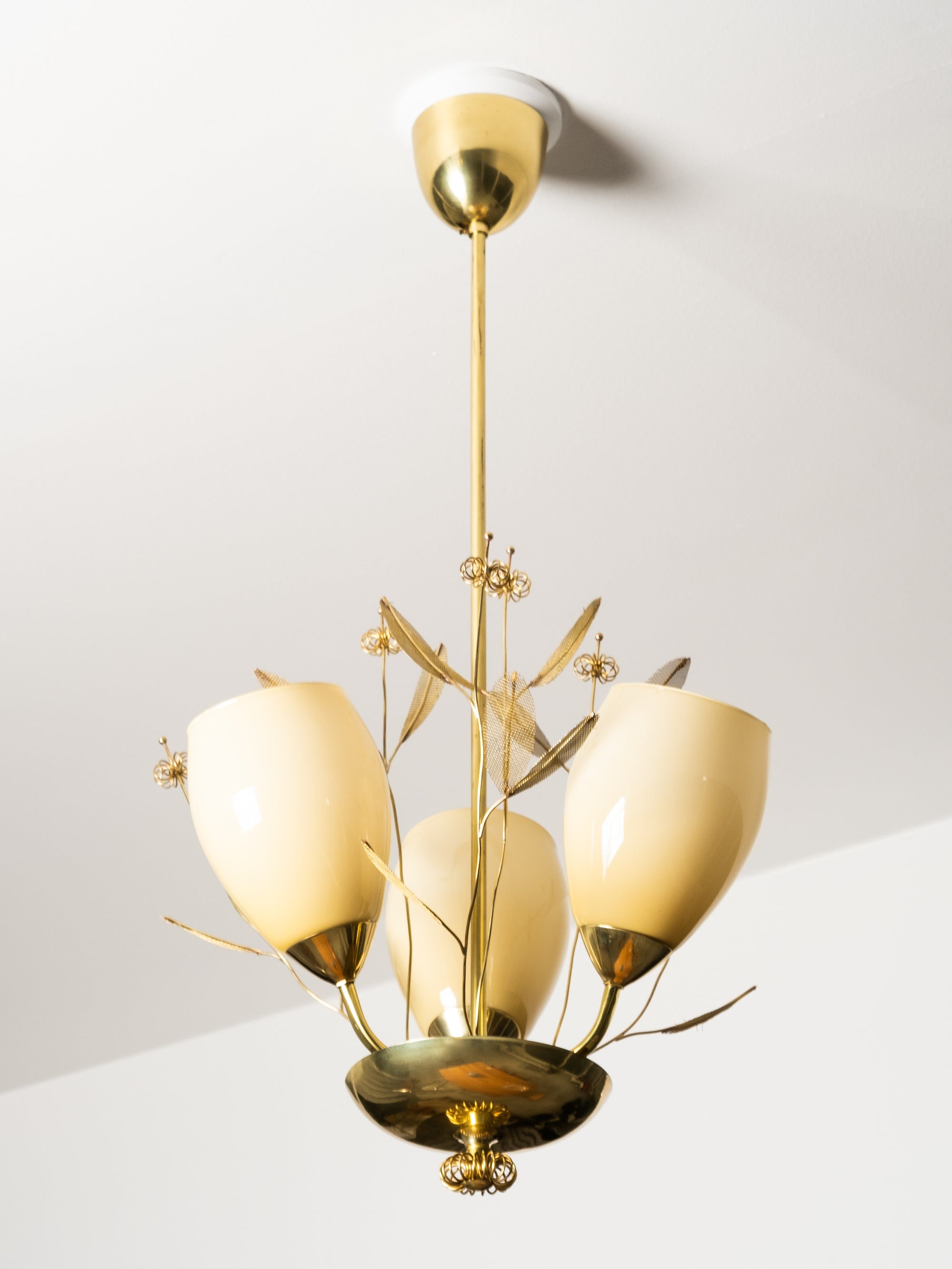 Brass and Glass Chandelier with Floral Details by Sievä, Finland, 1950s