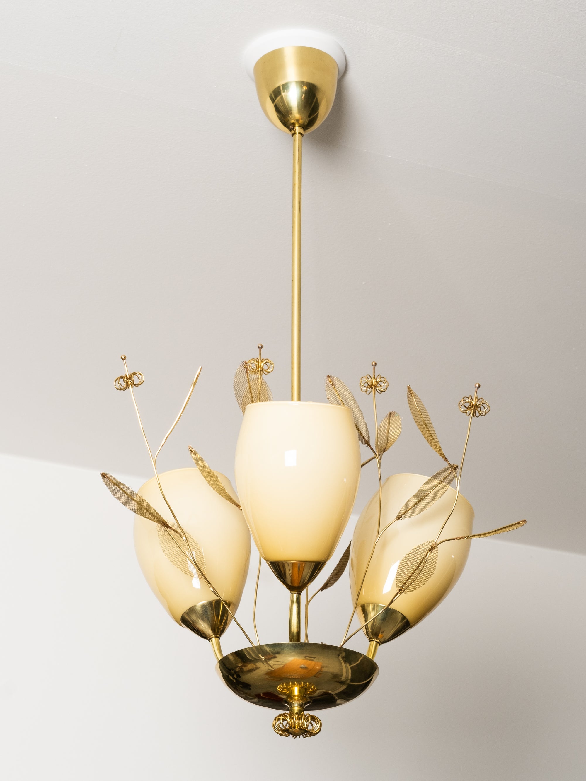 Brass and Glass Chandelier with Floral Details by Sievä, Finland, 1950s