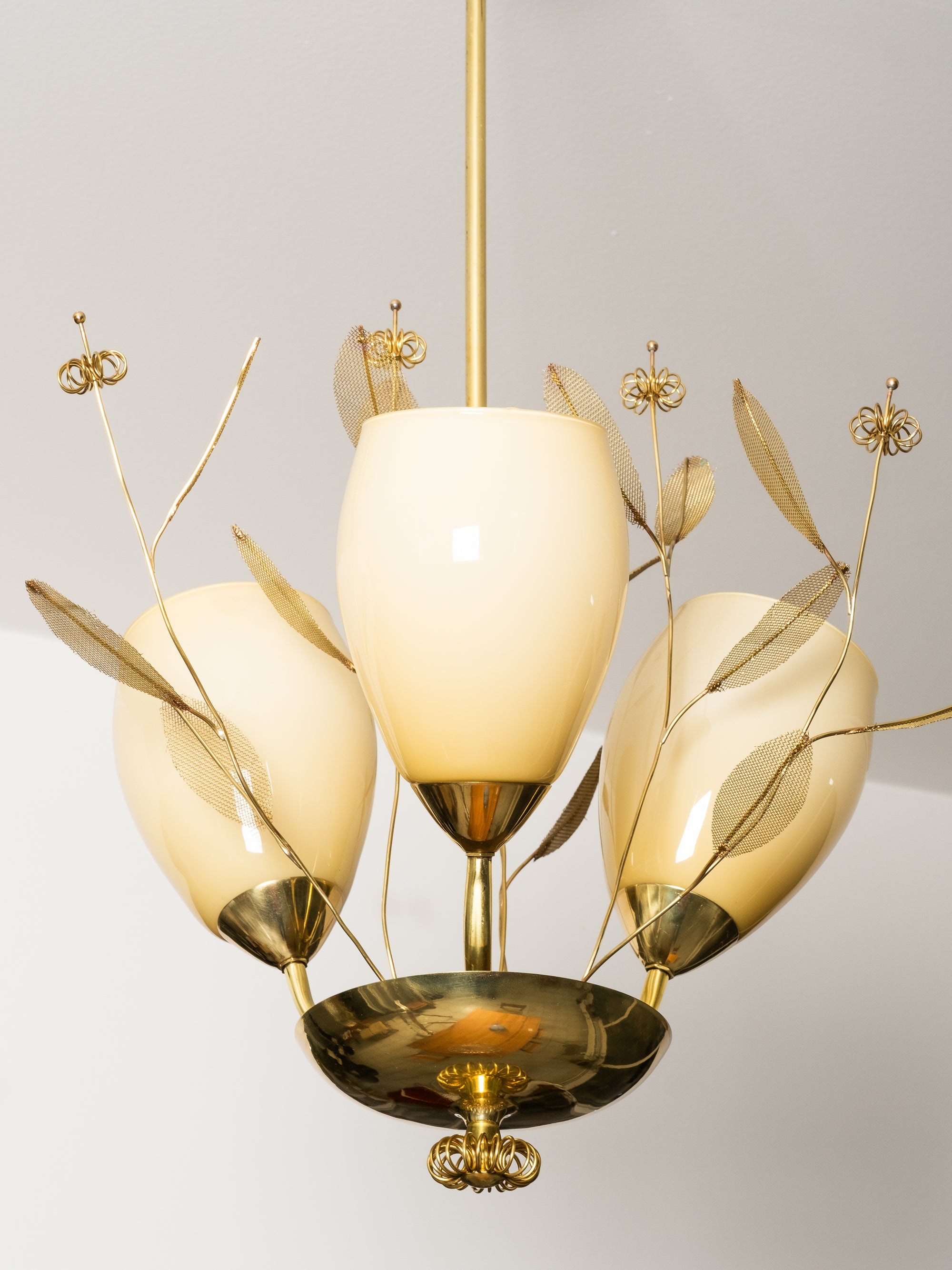 Brass and Glass Chandelier with Floral Details by Sievä, Finland, 1950s