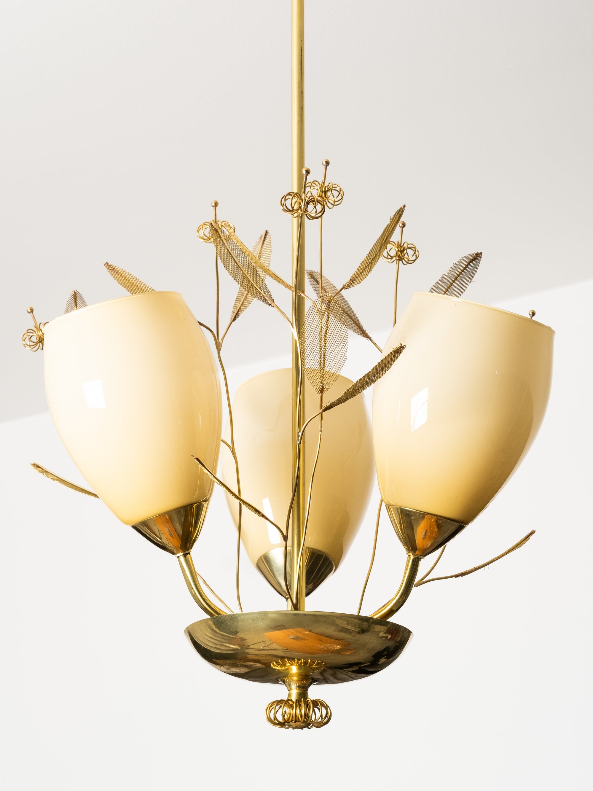 Brass and Glass Chandelier with Floral Details by Sievä, Finland, 1950s