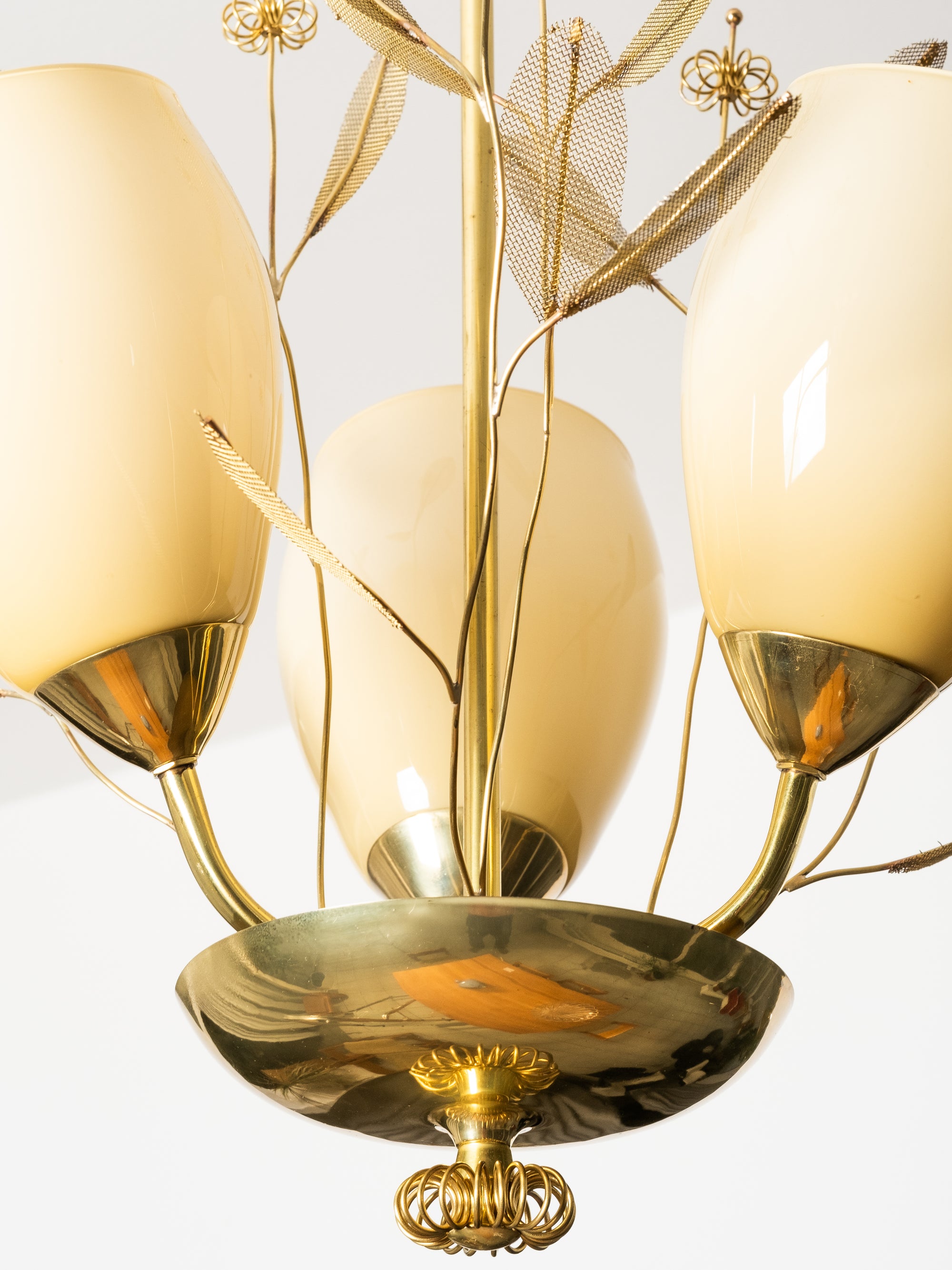 Brass and Glass Chandelier with Floral Details by Sievä, Finland, 1950s