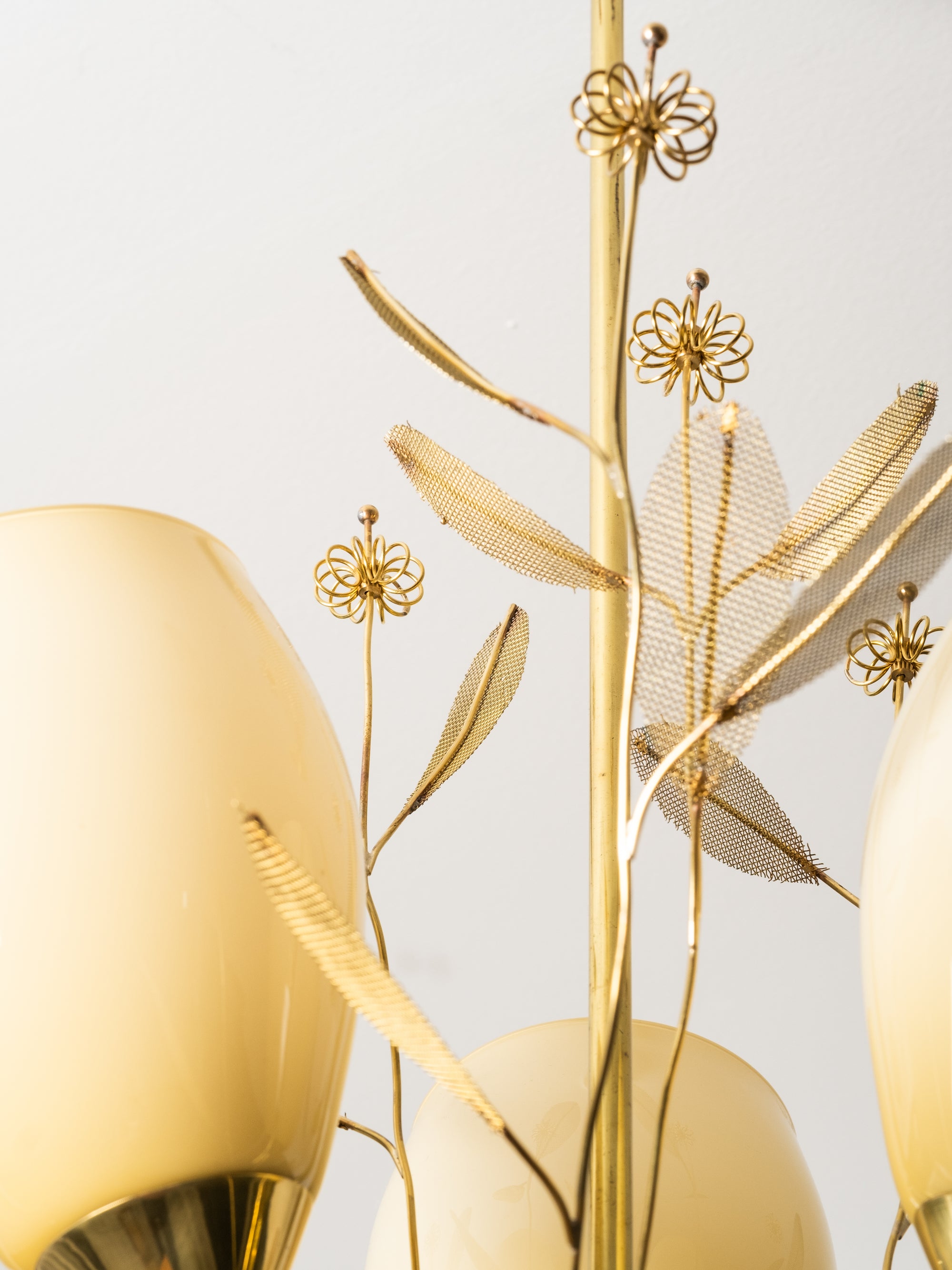 Brass and Glass Chandelier with Floral Details by Sievä, Finland, 1950s