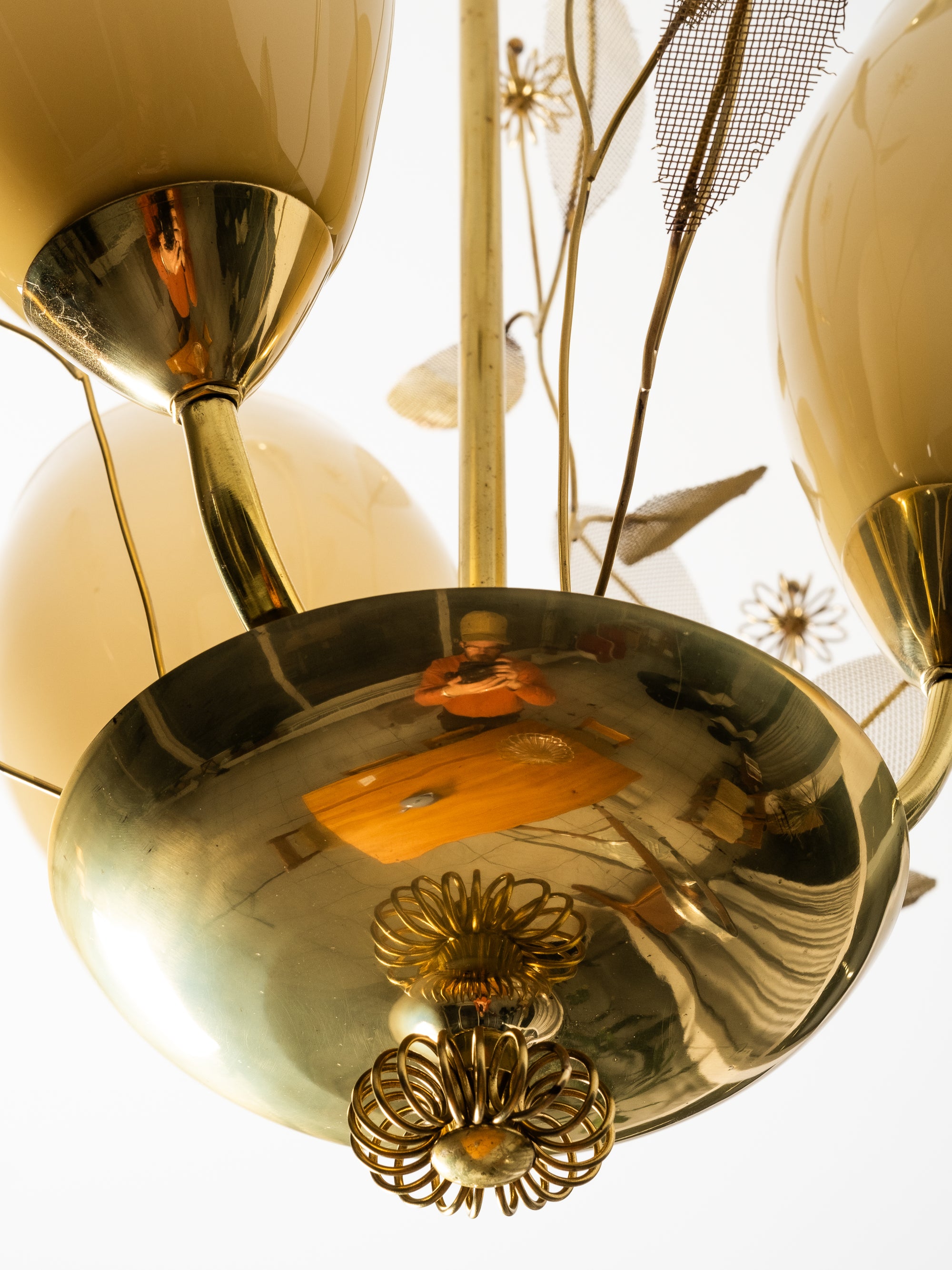 Brass and Glass Chandelier with Floral Details by Sievä, Finland, 1950s