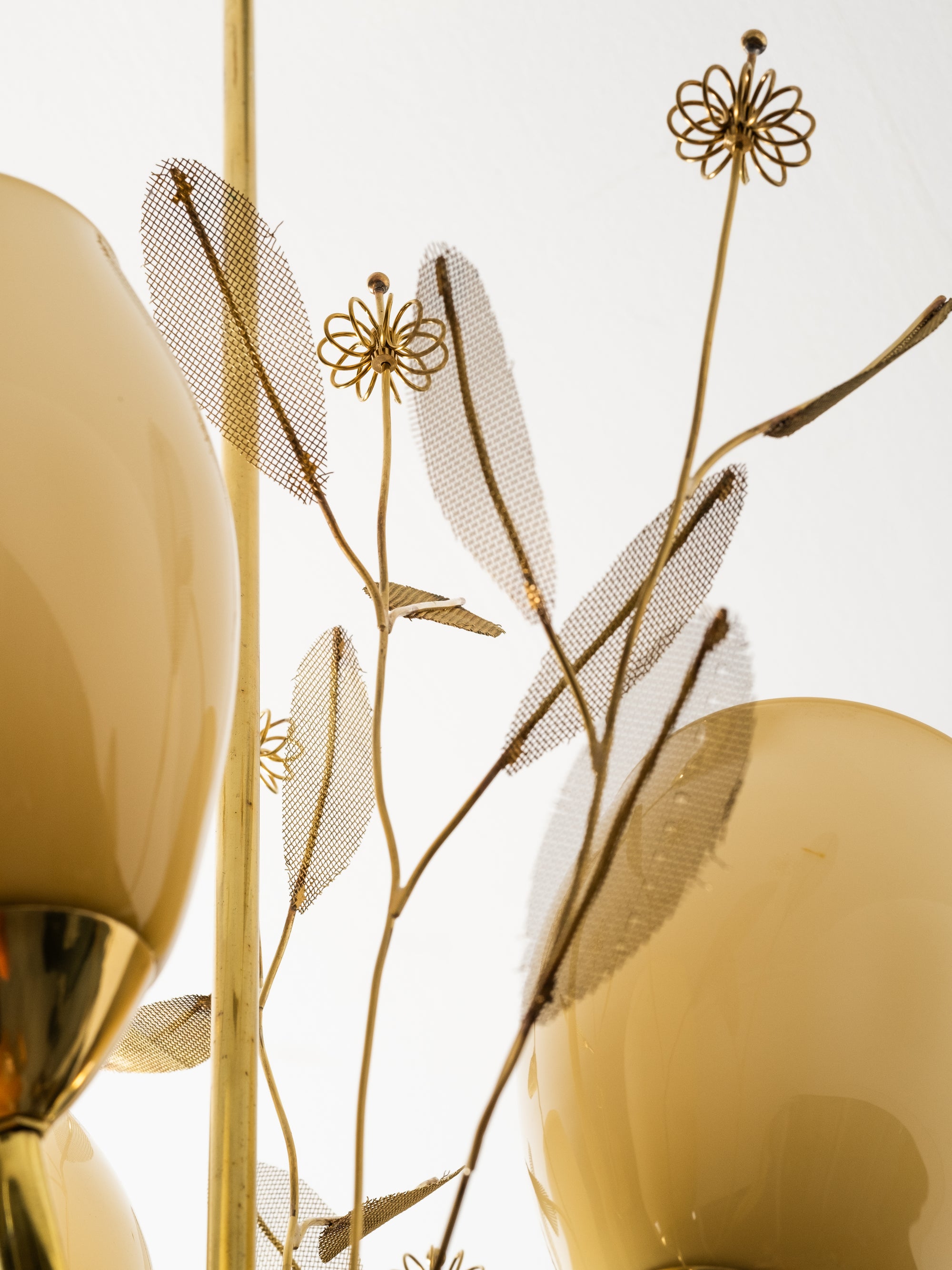 Brass and Glass Chandelier with Floral Details by Sievä, Finland, 1950s