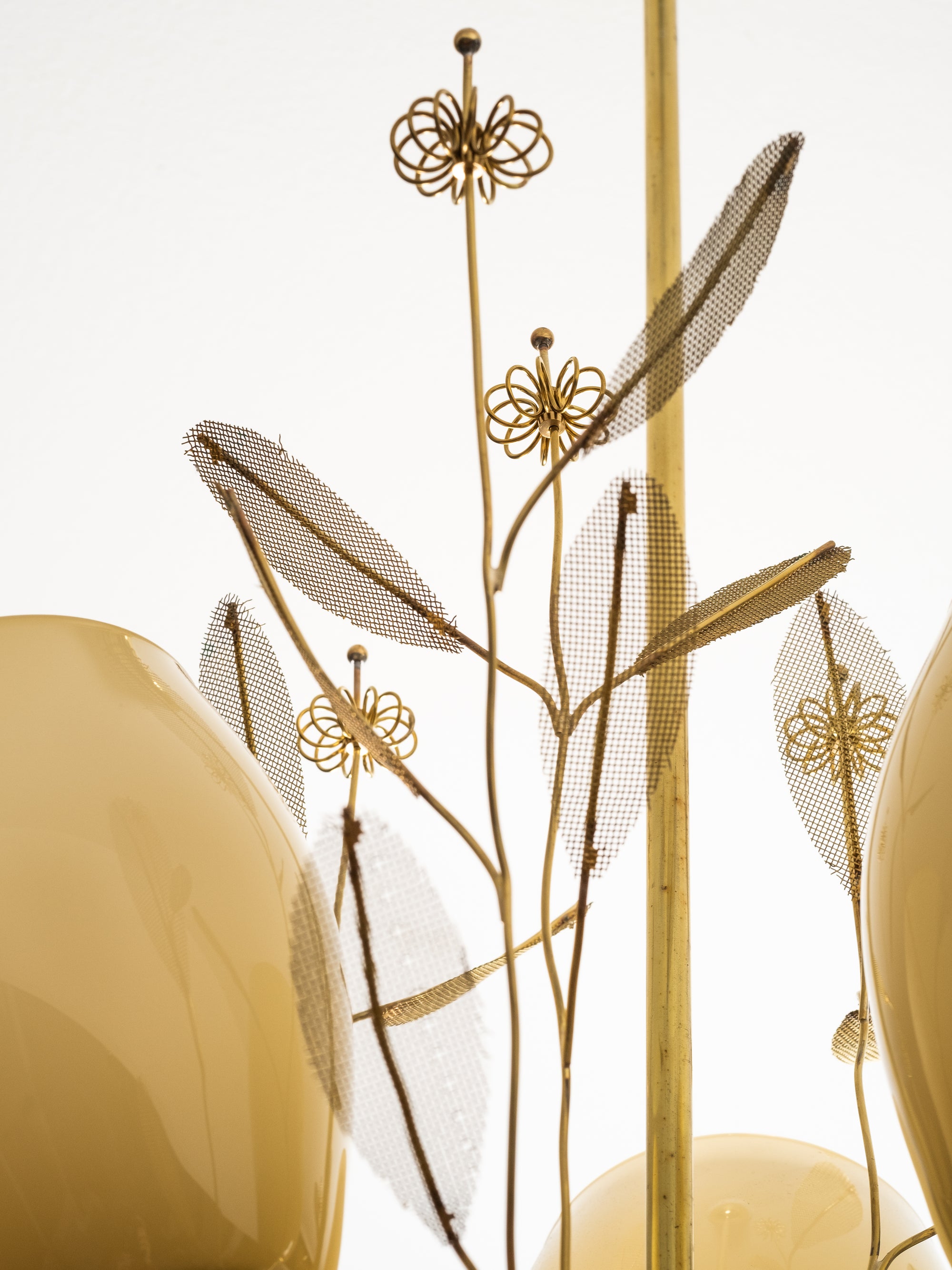 Brass and Glass Chandelier with Floral Details by Sievä, Finland, 1950s