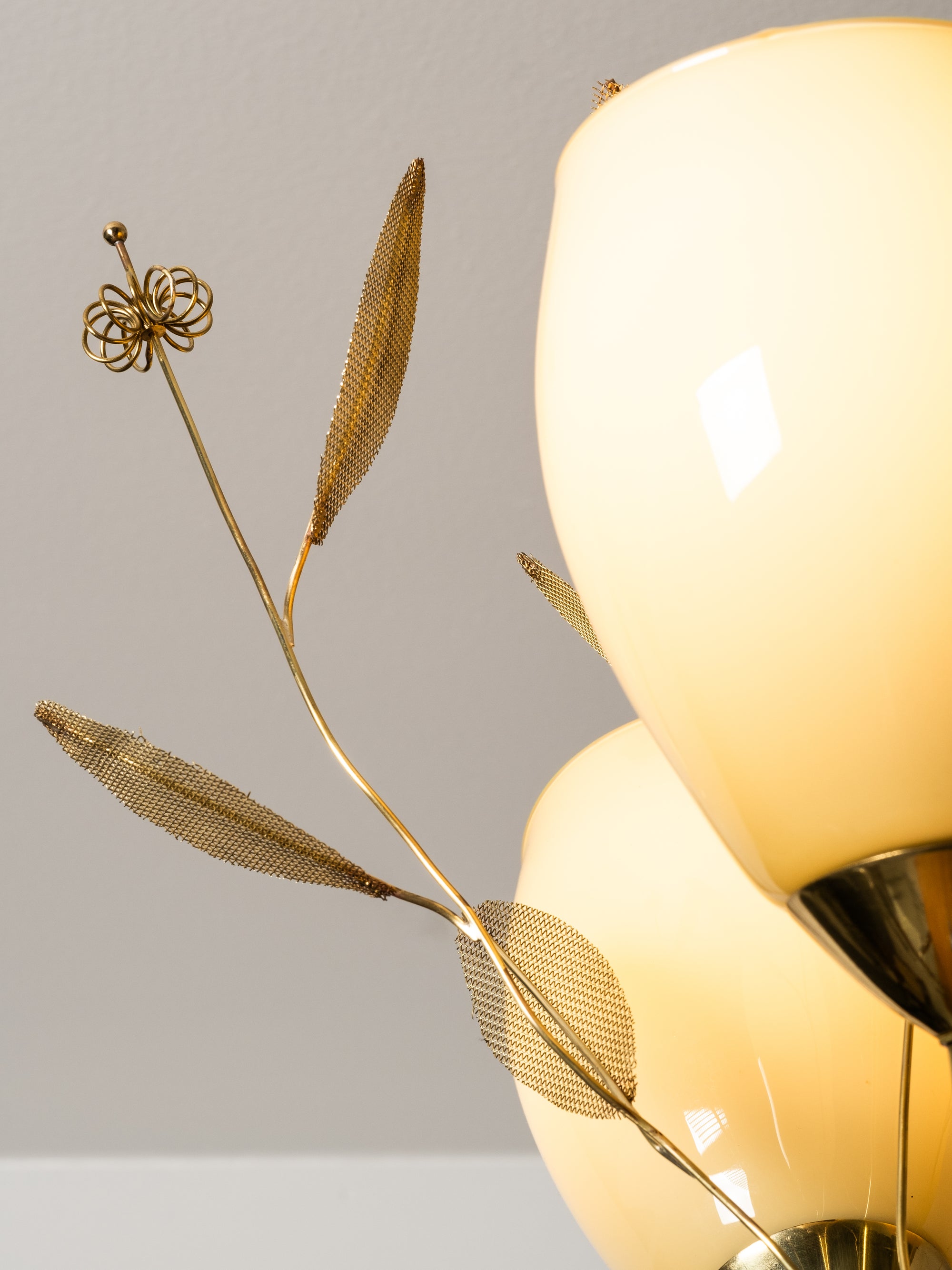Brass and Glass Chandelier with Floral Details by Sievä, Finland, 1950s