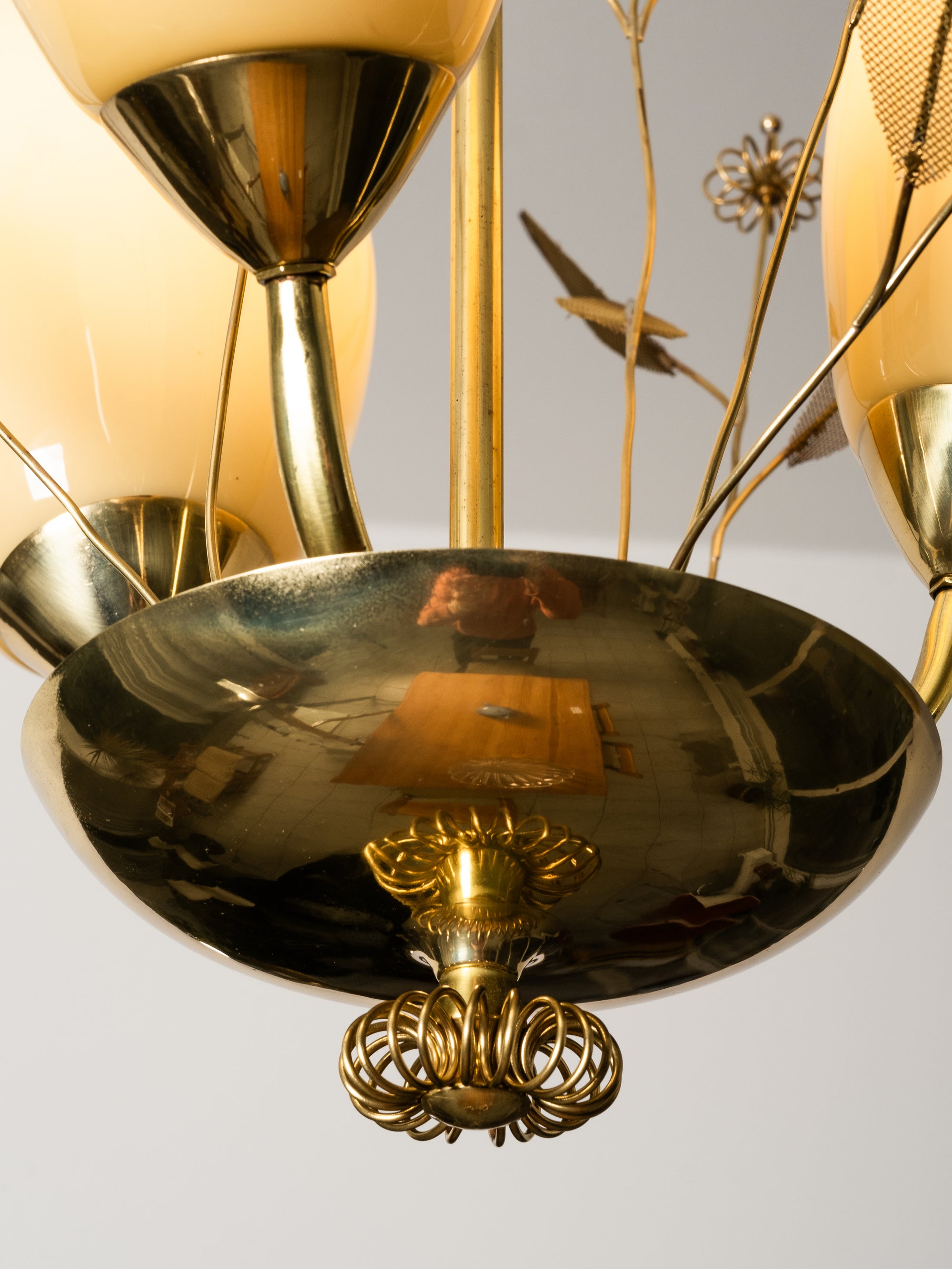 Brass and Glass Chandelier with Floral Details by Sievä, Finland, 1950s