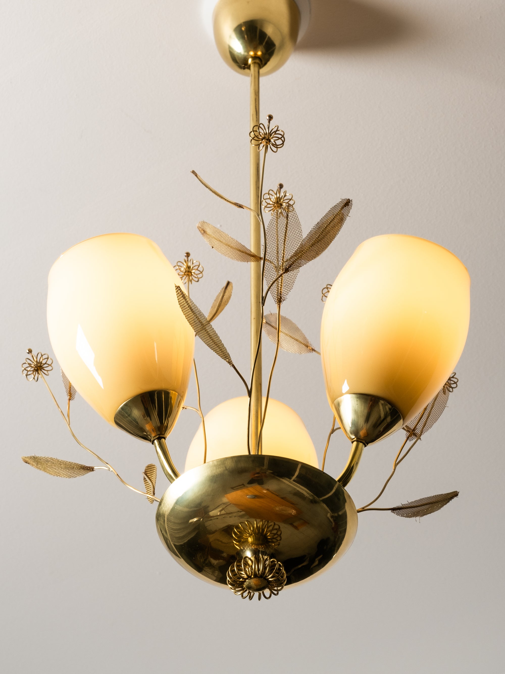 Brass and Glass Chandelier with Floral Details by Sievä, Finland, 1950s
