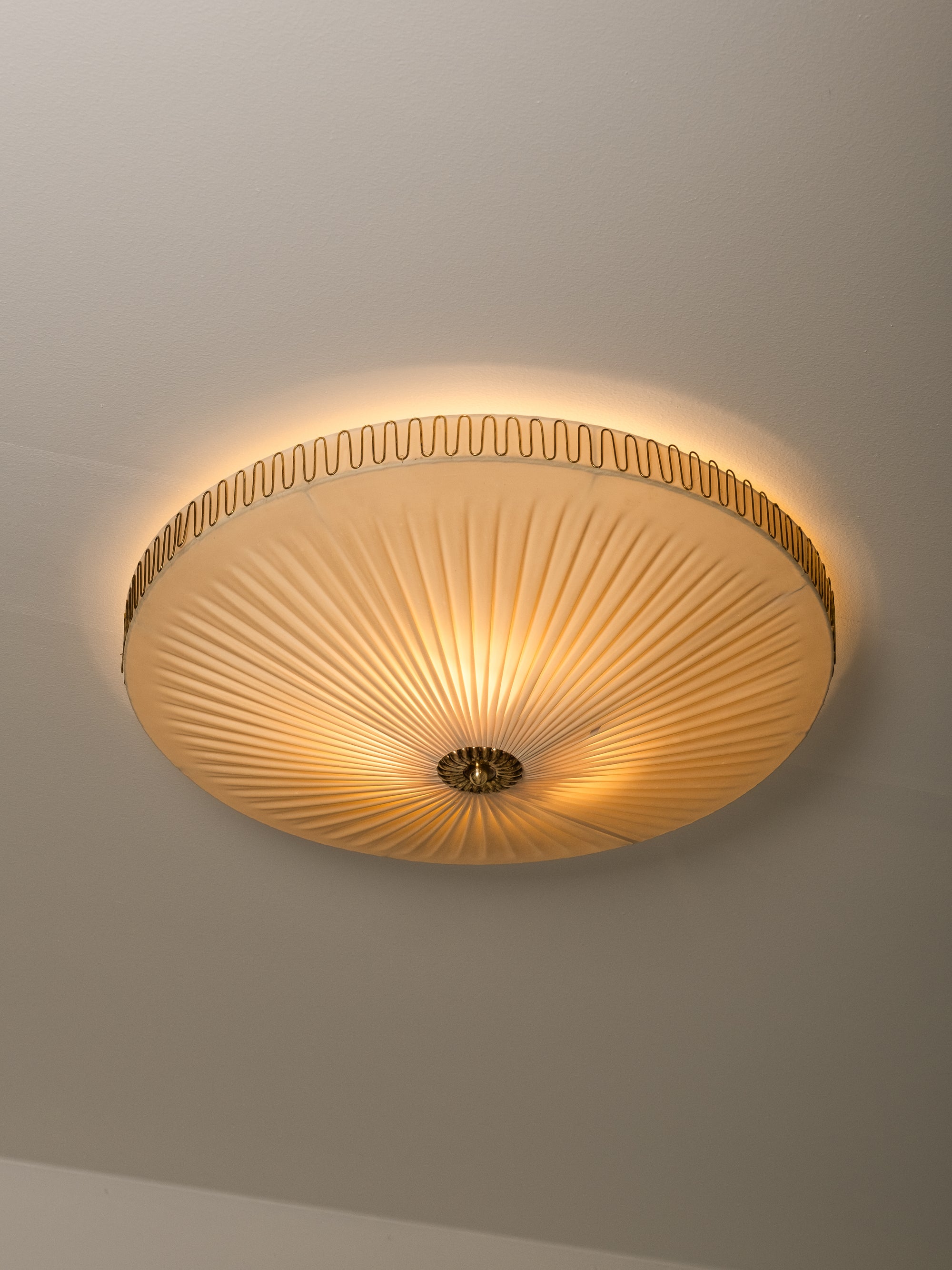 Mid-Century Brass &amp; Synthetic Textile Flush Mount, Model K5-40, Idman, 1950s