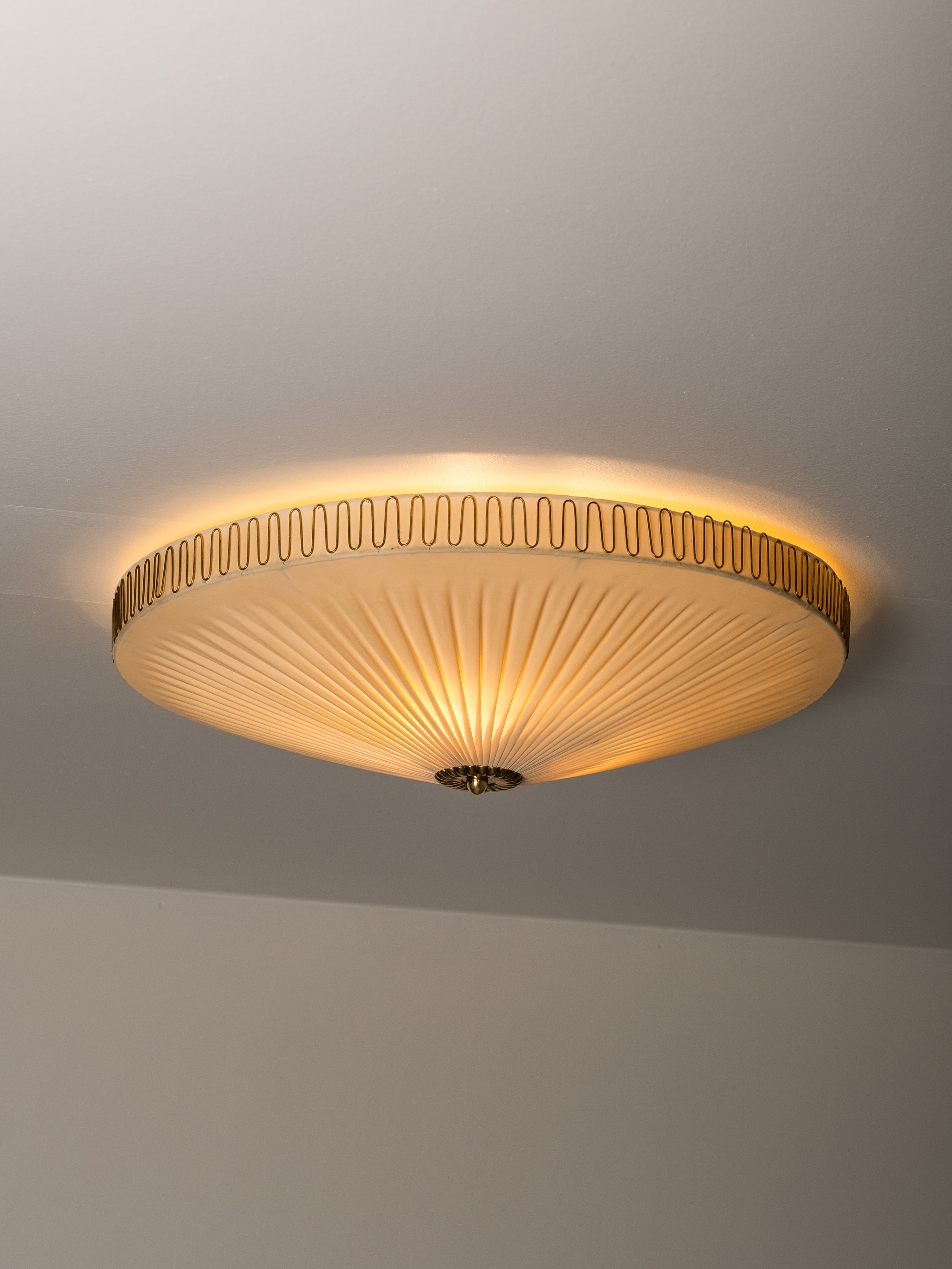 Mid-Century Brass &amp; Synthetic Textile Flush Mount, Model K5-40, Idman, 1950s