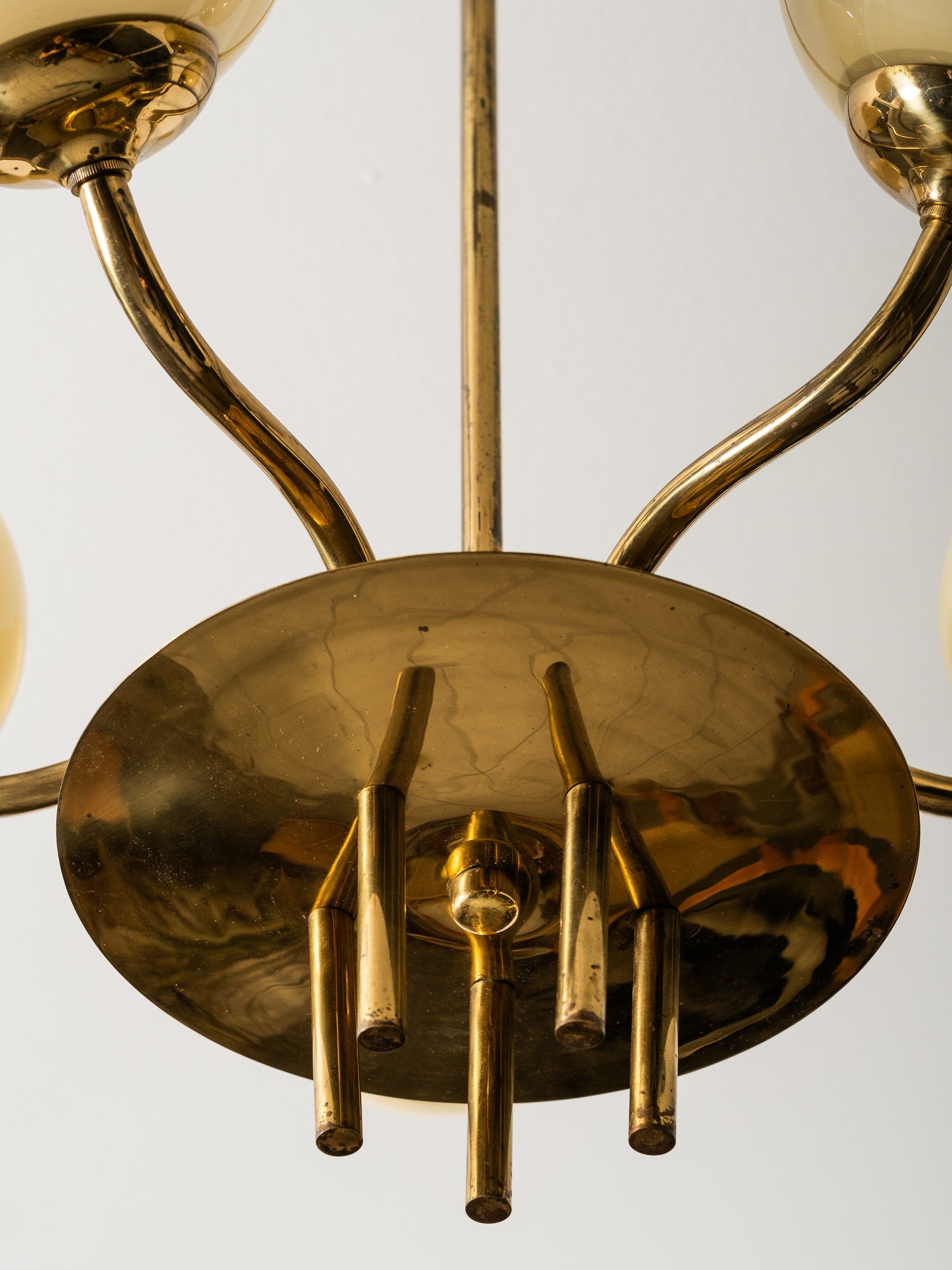 Mid-Century Modern Brass and Opaline Glass Chandelier by Itsu, Finland, 1950s