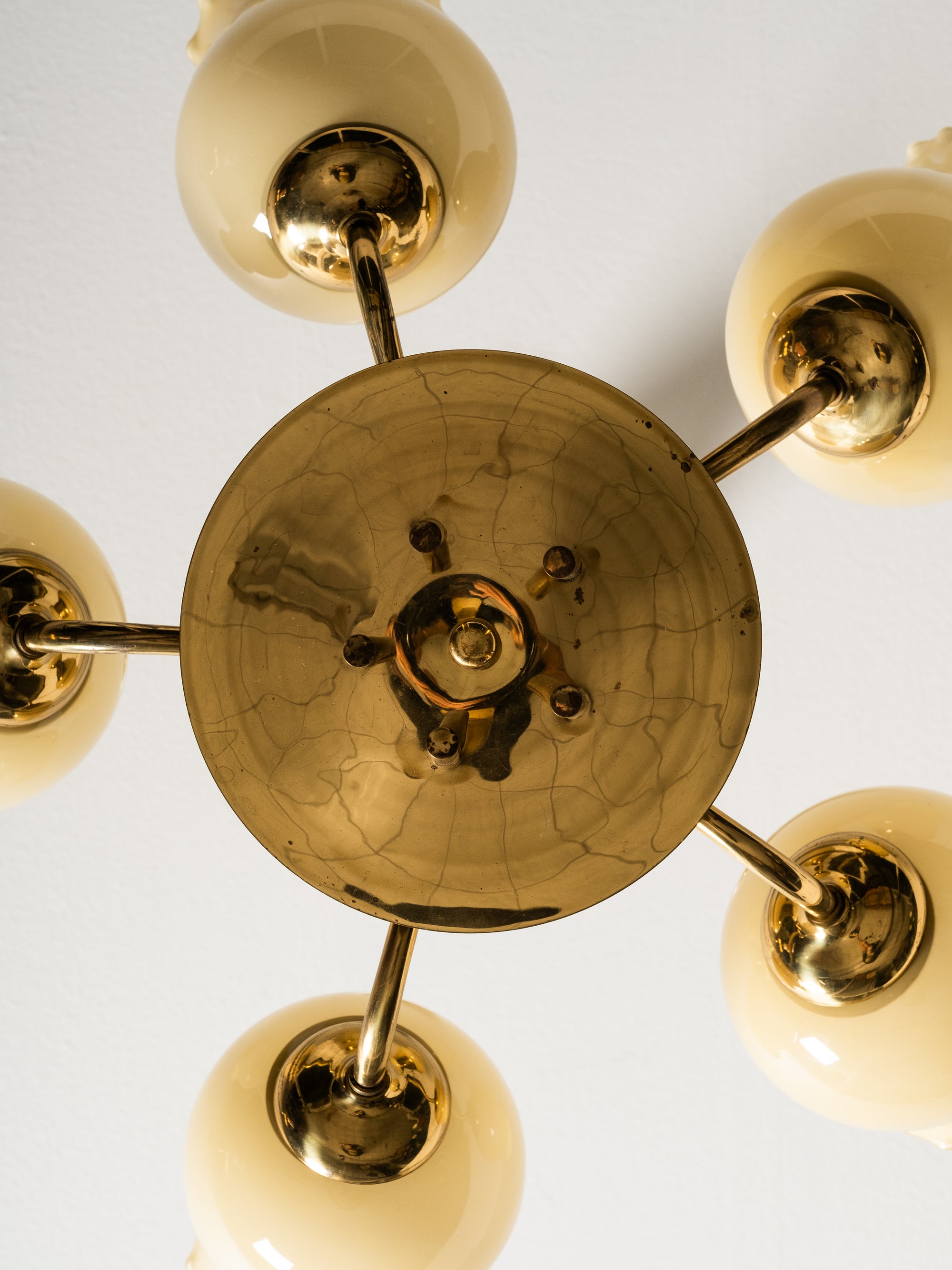 Mid-Century Modern Brass and Opaline Glass Chandelier by Itsu, Finland, 1950s