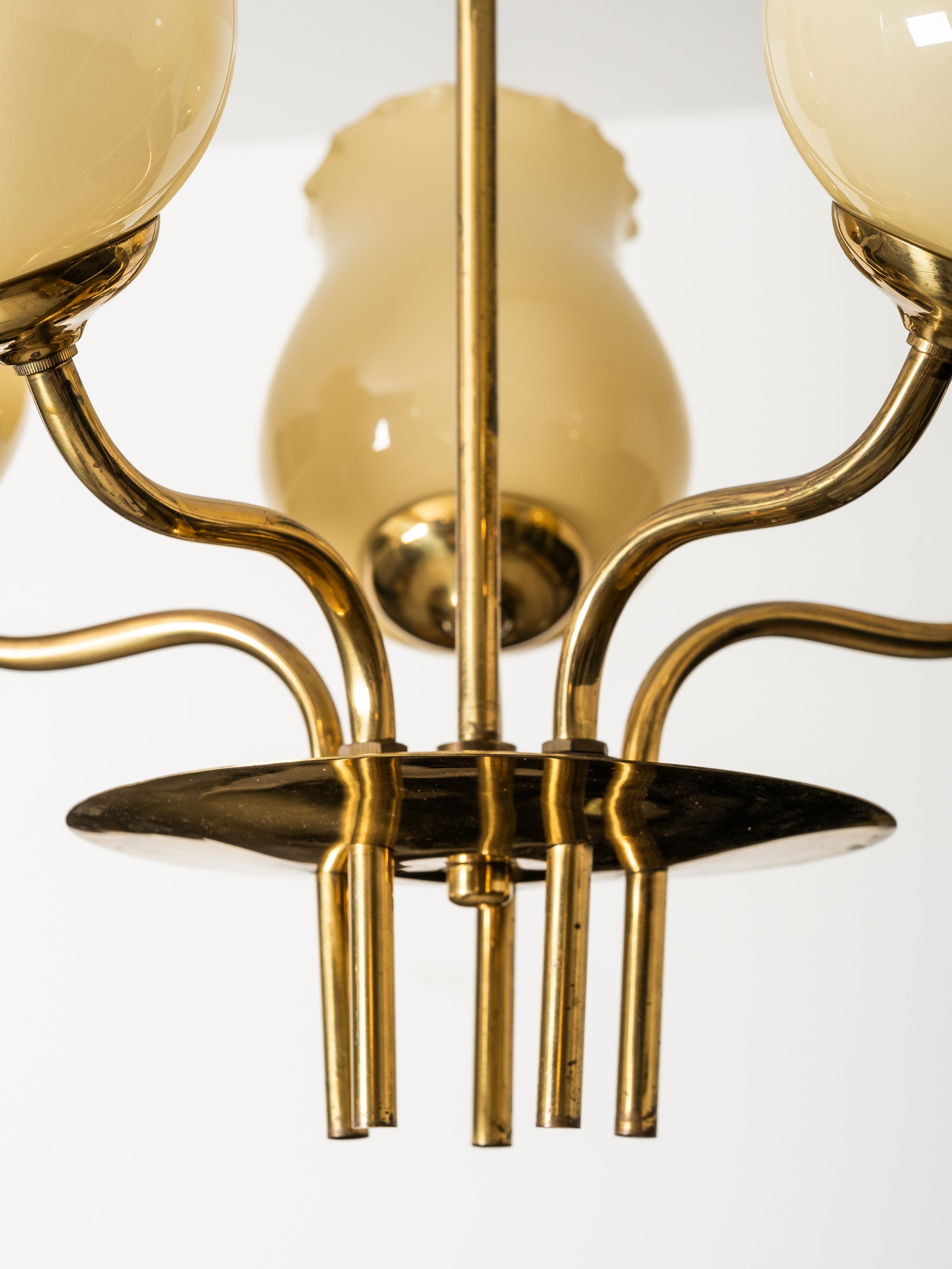 Mid-Century Modern Brass and Opaline Glass Chandelier by Itsu, Finland, 1950s