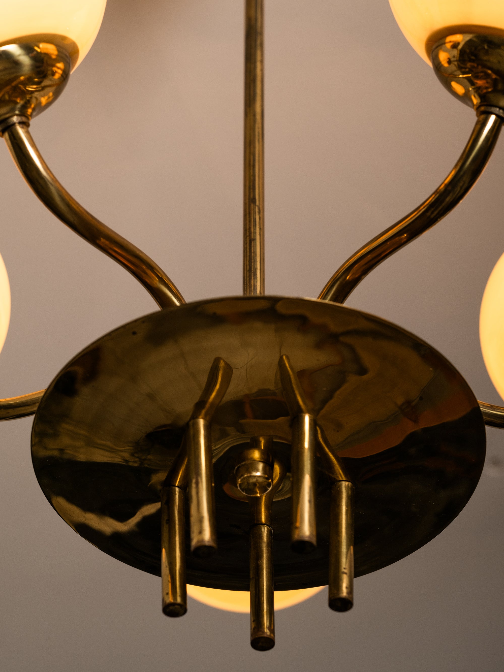 Mid-Century Modern Brass and Opaline Glass Chandelier by Itsu, Finland, 1950s