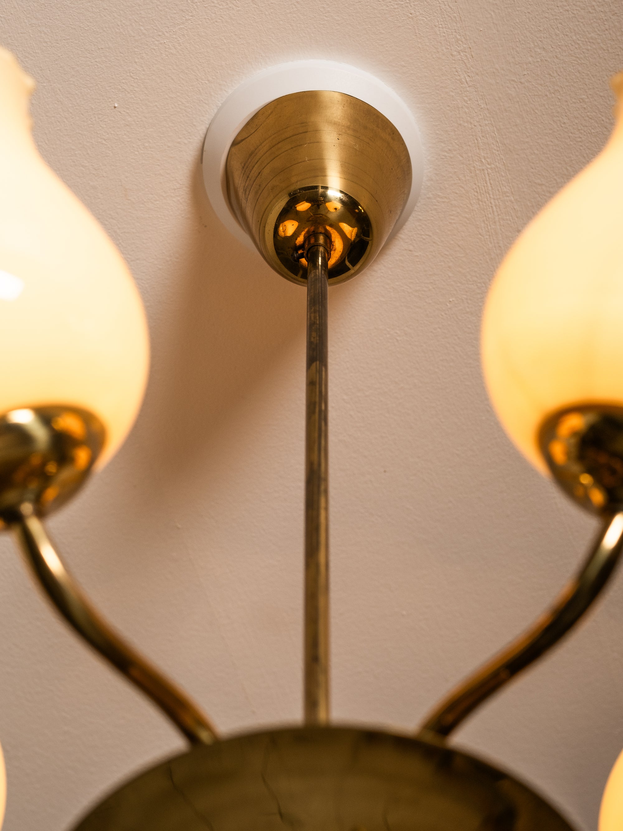 Mid-Century Modern Brass and Opaline Glass Chandelier by Itsu, Finland, 1950s