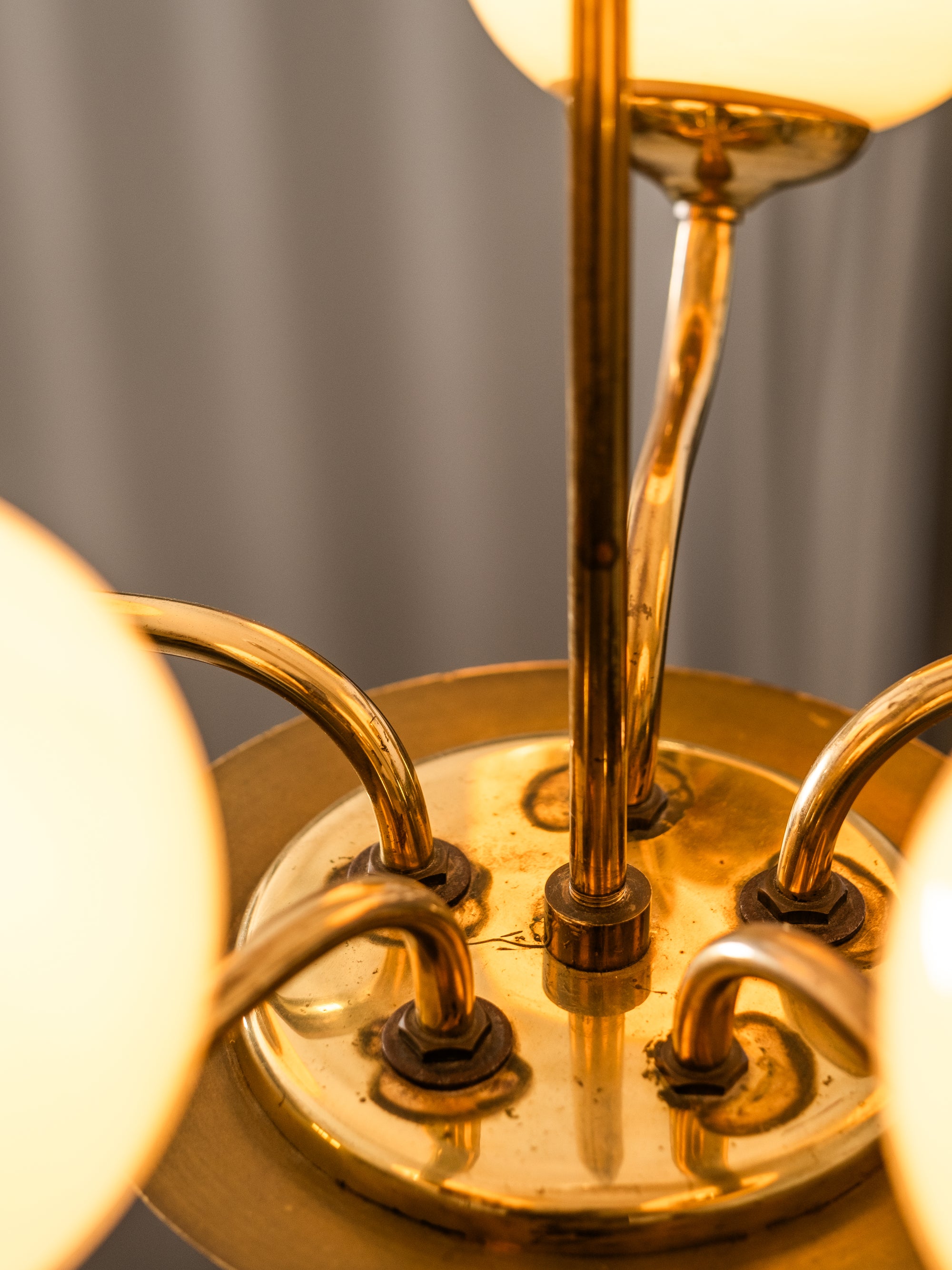 Mid-Century Modern Brass and Opaline Glass Chandelier by Itsu, Finland, 1950s