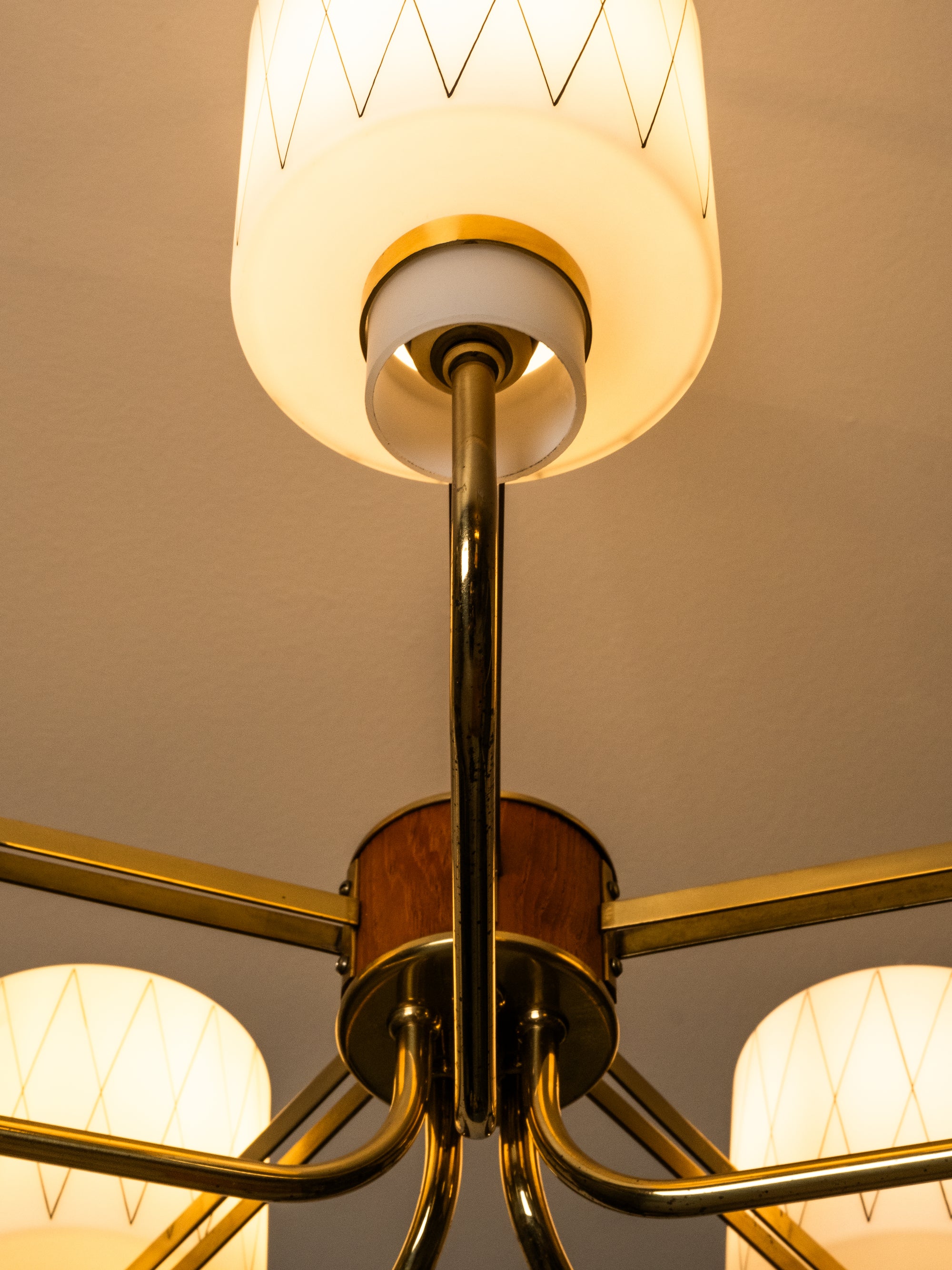 Brass, Teak and Opaline Glass with Diamond Pattern Chandelier, Finland, 1950s