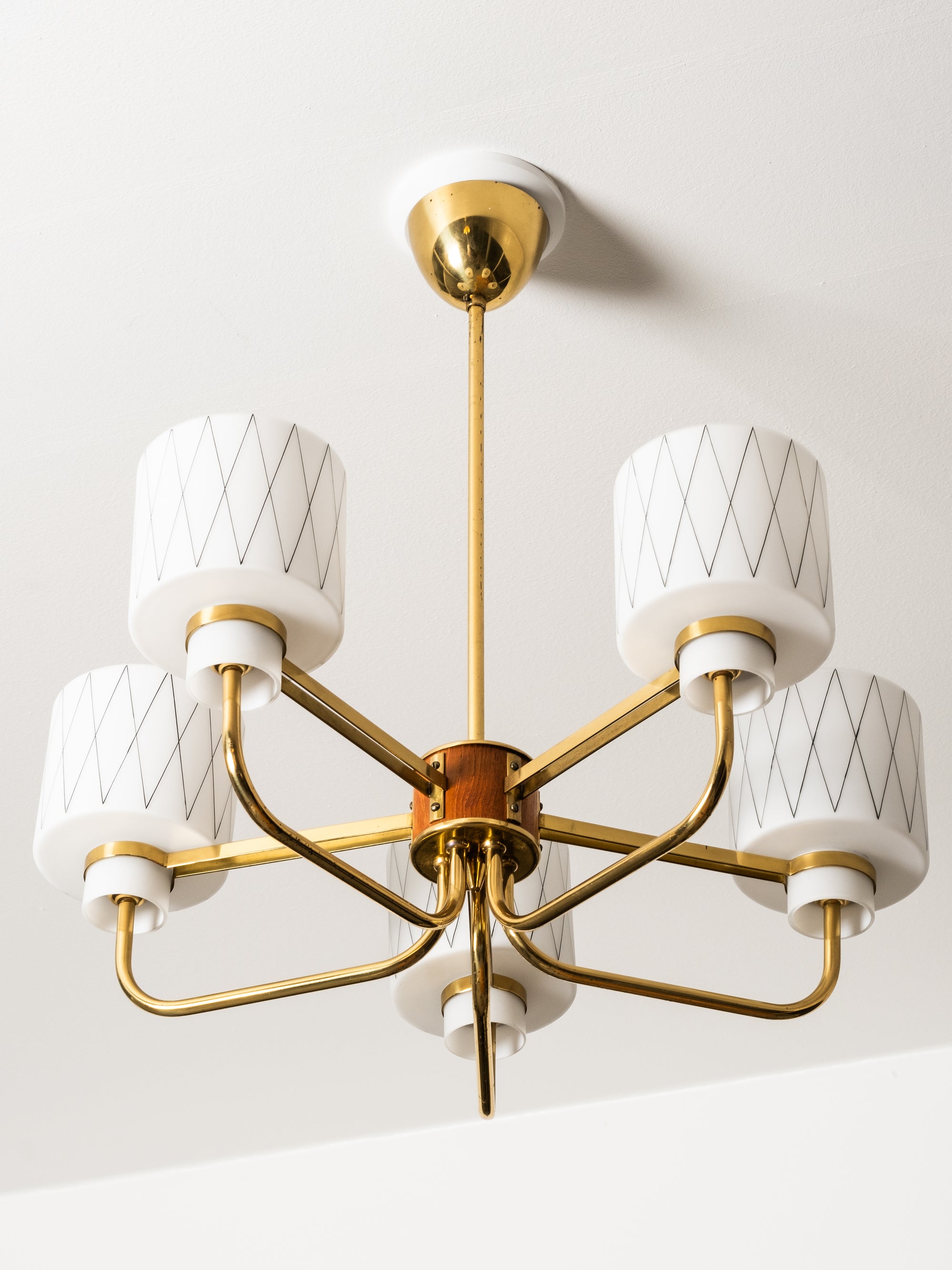 Brass, Teak and Opaline Glass with Diamond Pattern Chandelier, Finland, 1950s