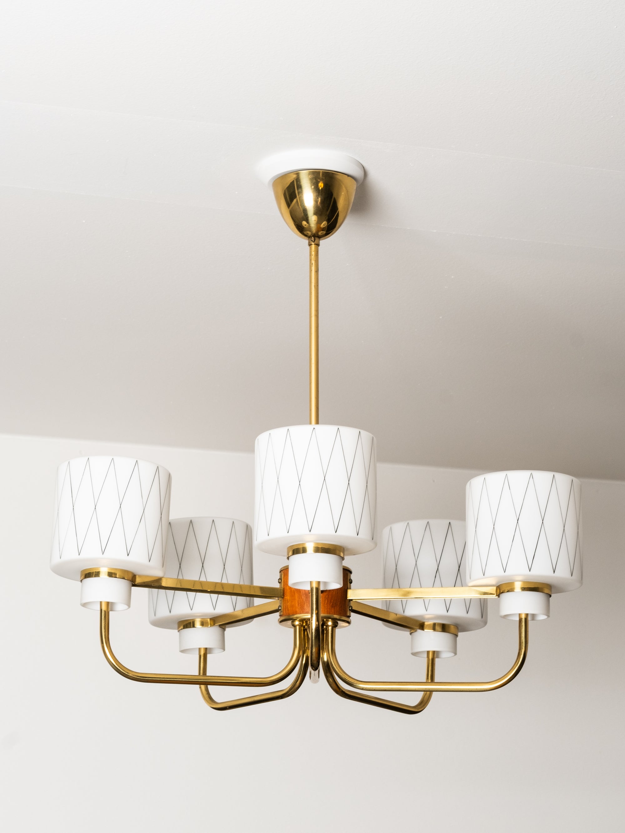 Brass, Teak and Opaline Glass with Diamond Pattern Chandelier, Finland, 1950s