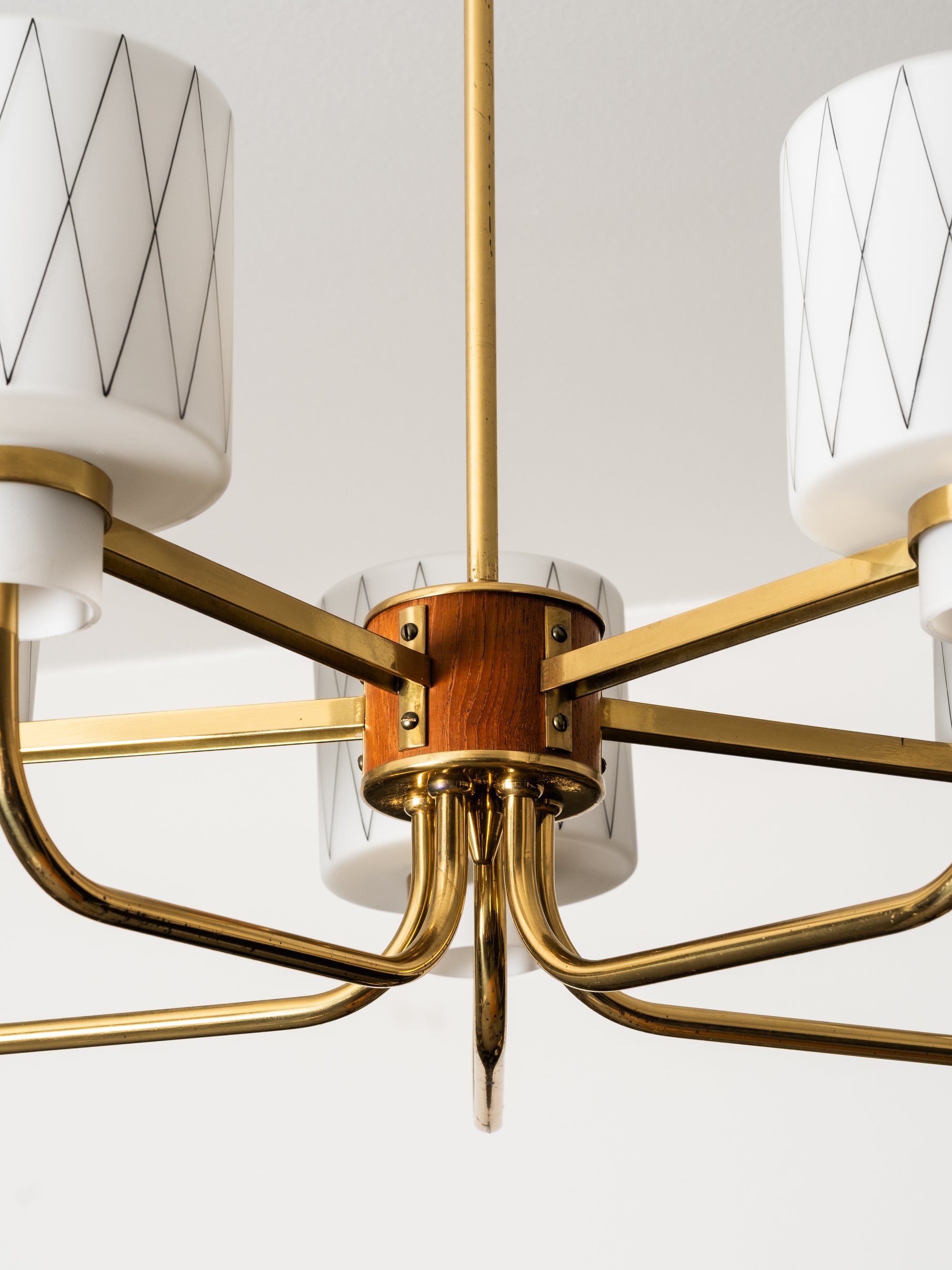 Brass, Teak and Opaline Glass with Diamond Pattern Chandelier, Finland, 1950s