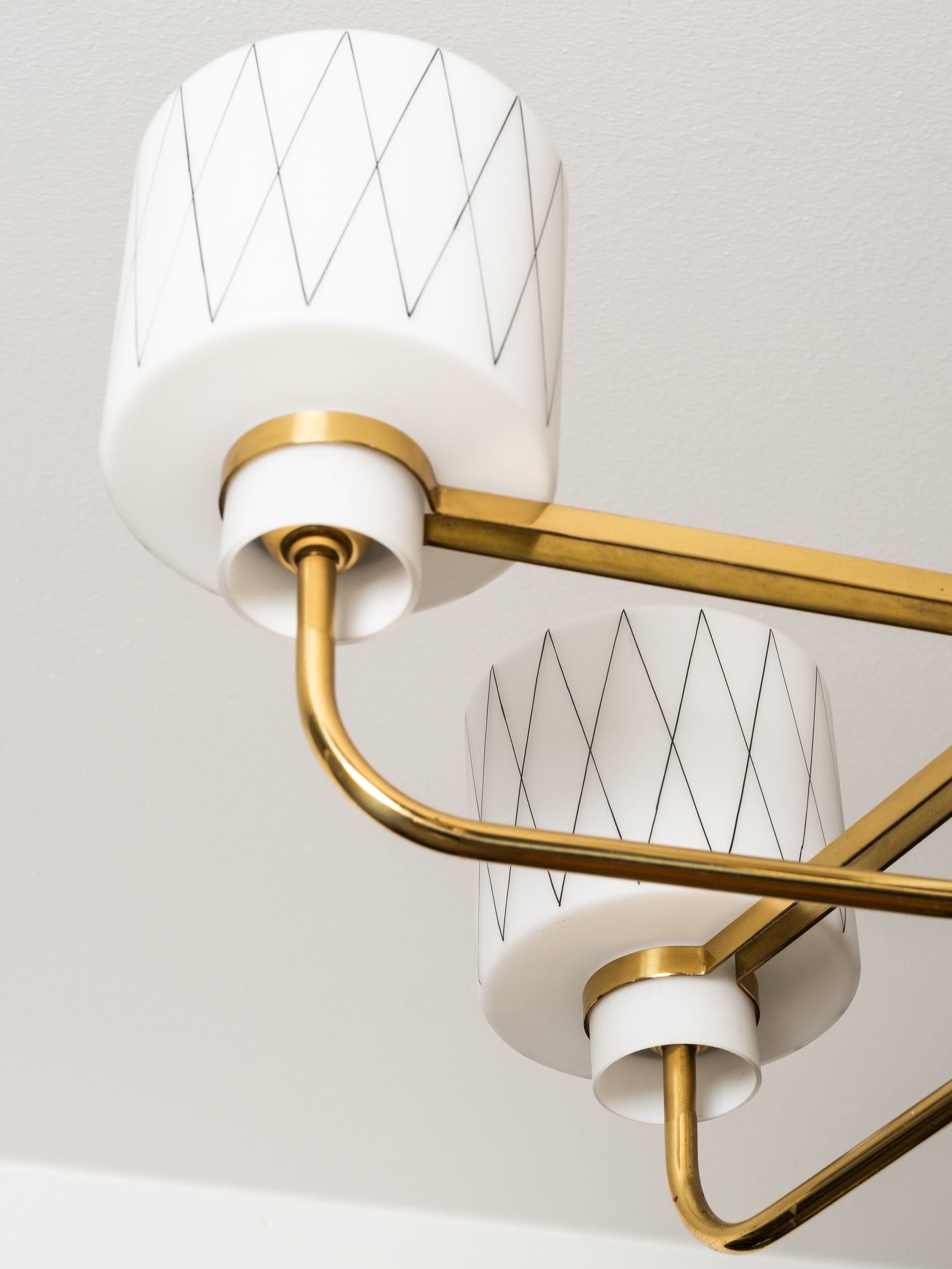 Brass, Teak and Opaline Glass with Diamond Pattern Chandelier, Finland, 1950s