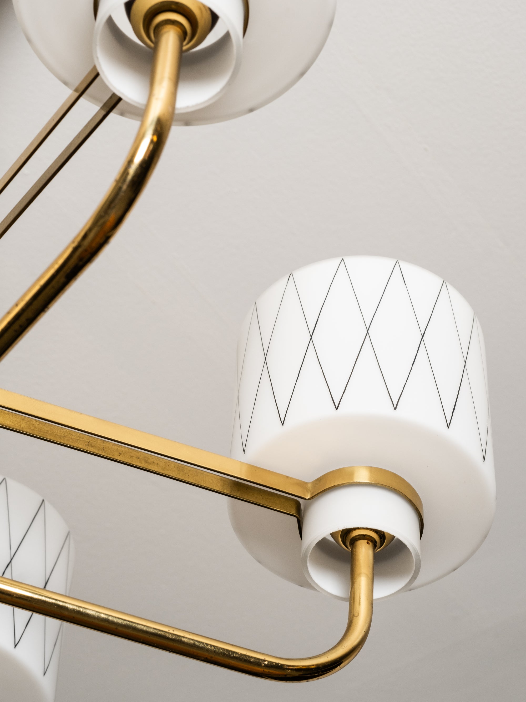 Brass, Teak and Opaline Glass with Diamond Pattern Chandelier, Finland, 1950s