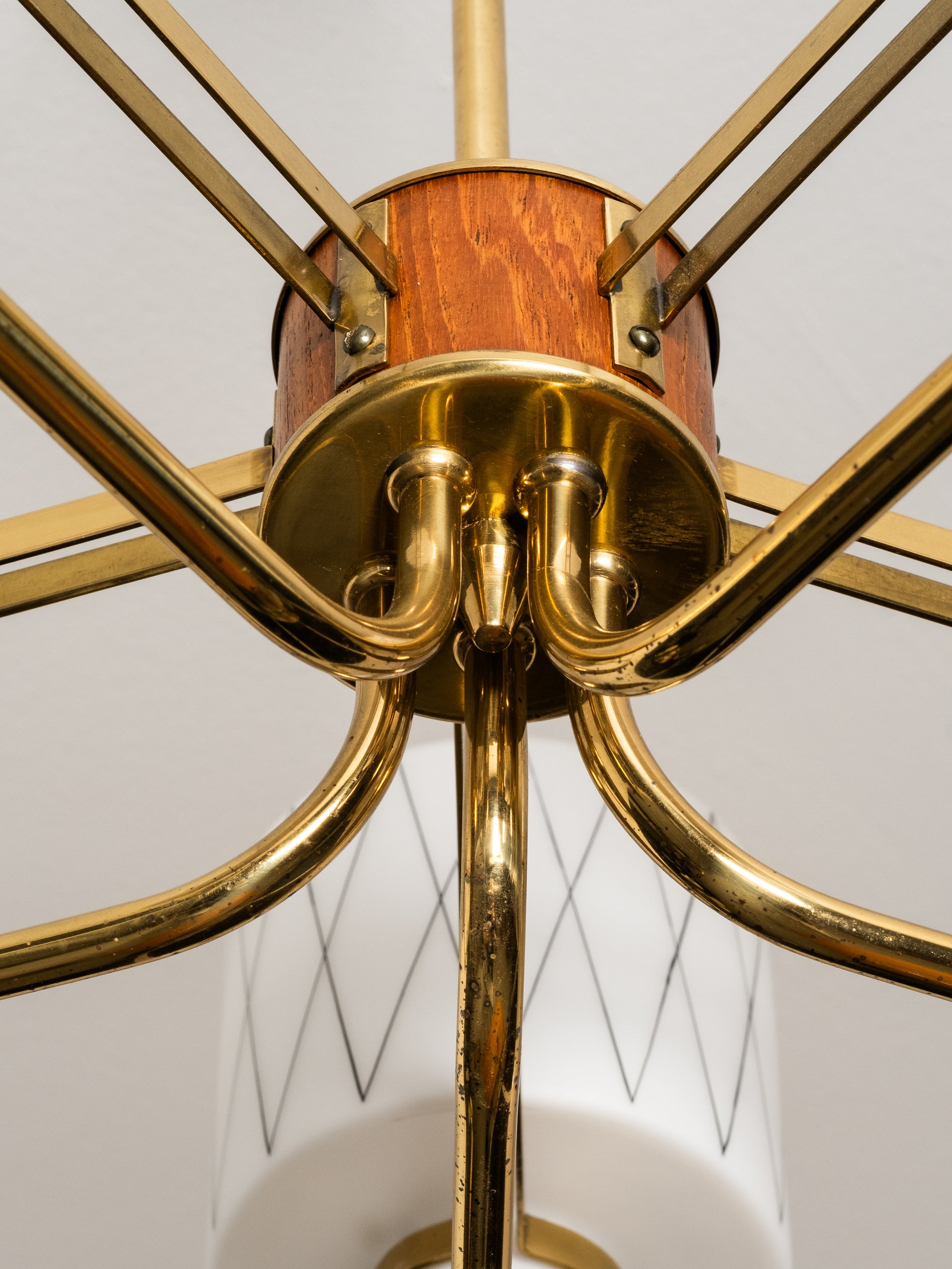 Brass, Teak and Opaline Glass with Diamond Pattern Chandelier, Finland, 1950s